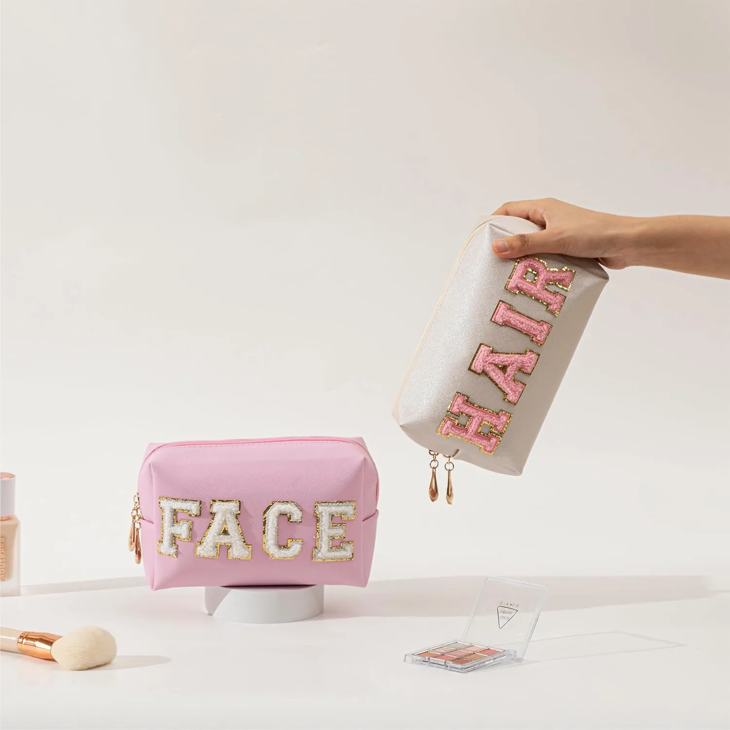 Personalized Initial Makeup Bag Set, Cute Preppy Travel Toiletry Cosmetic Bags, Small Make Up Pouch, Birthday Gifts for Women, Girls, Friends, Hair and Face