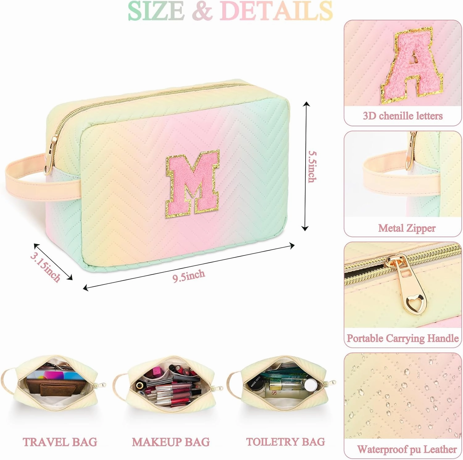 Personalized Initial Makeup Bag Colorful Cosmetic Bag Travel Toiletry Bag, Trendy Stuff Leather Waterproof Makeup Organizer Case Mother's Day/Birthday/Graduation Gifts for Women Girls Mom Girlfriend