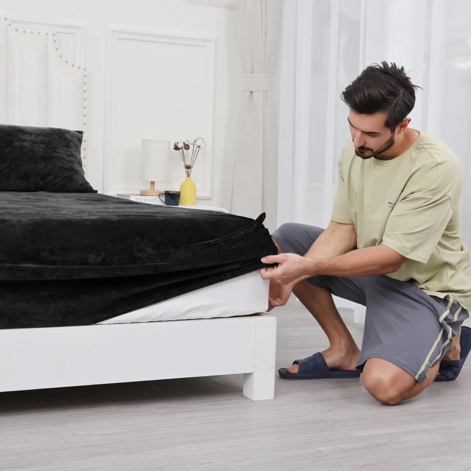 PHF Truly Velvet Fitted Sheet Only Queen Size, Luxury Super Soft Cozy Comfy Flannel Bottom Sheet with 15" Deep Pocket,Suitable for Fall Winter and Spring, No Pillowcases, Black