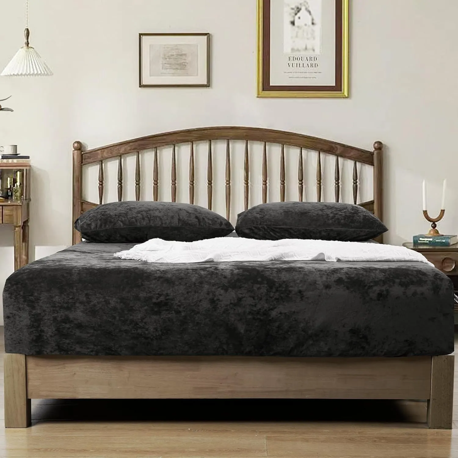PHF Truly Velvet Fitted Sheet Only Queen Size, Luxury Super Soft Cozy Comfy Flannel Bottom Sheet with 15" Deep Pocket,Suitable for Fall Winter and Spring, No Pillowcases, Black