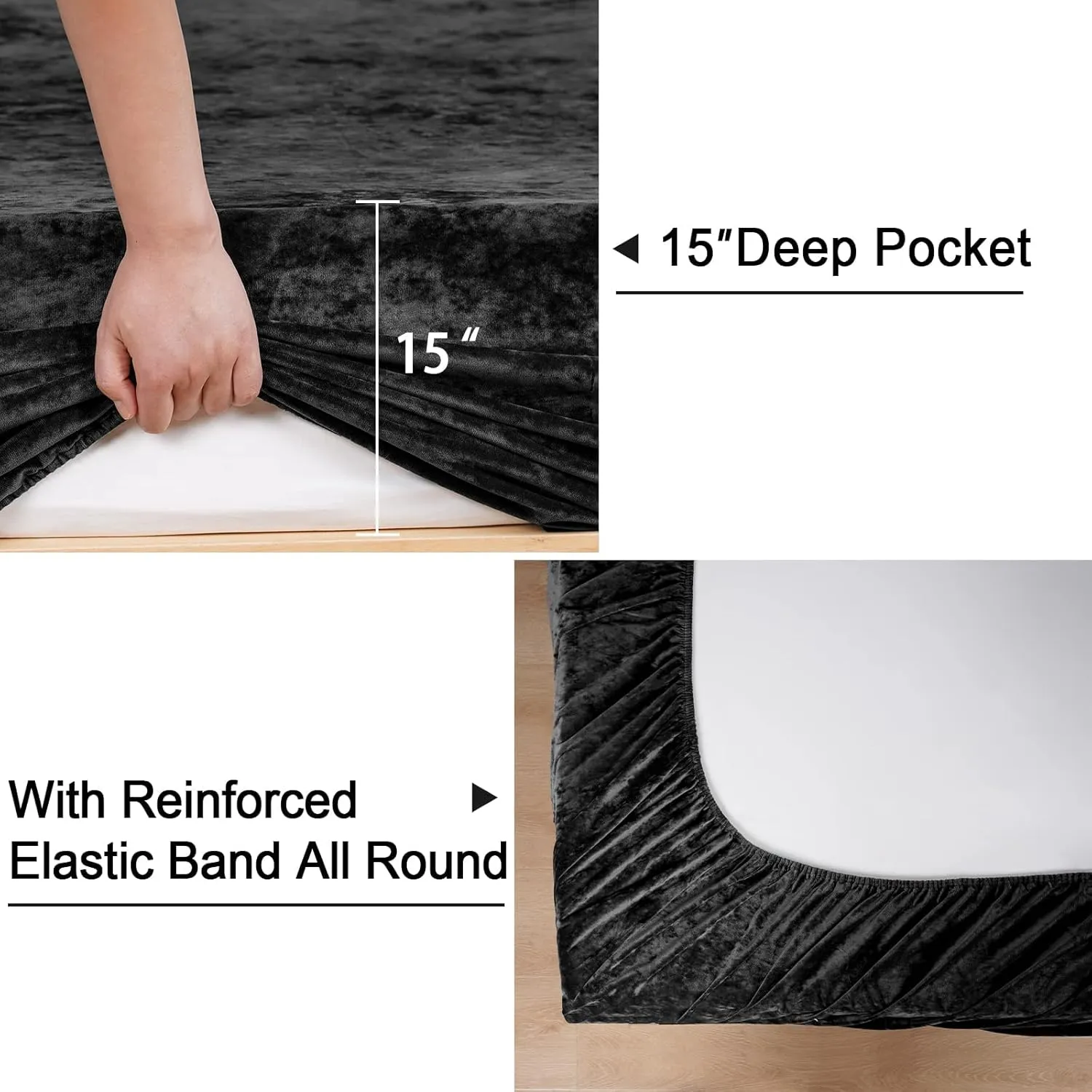 PHF Truly Velvet Fitted Sheet Only Queen Size, Luxury Super Soft Cozy Comfy Flannel Bottom Sheet with 15" Deep Pocket,Suitable for Fall Winter and Spring, No Pillowcases, Black