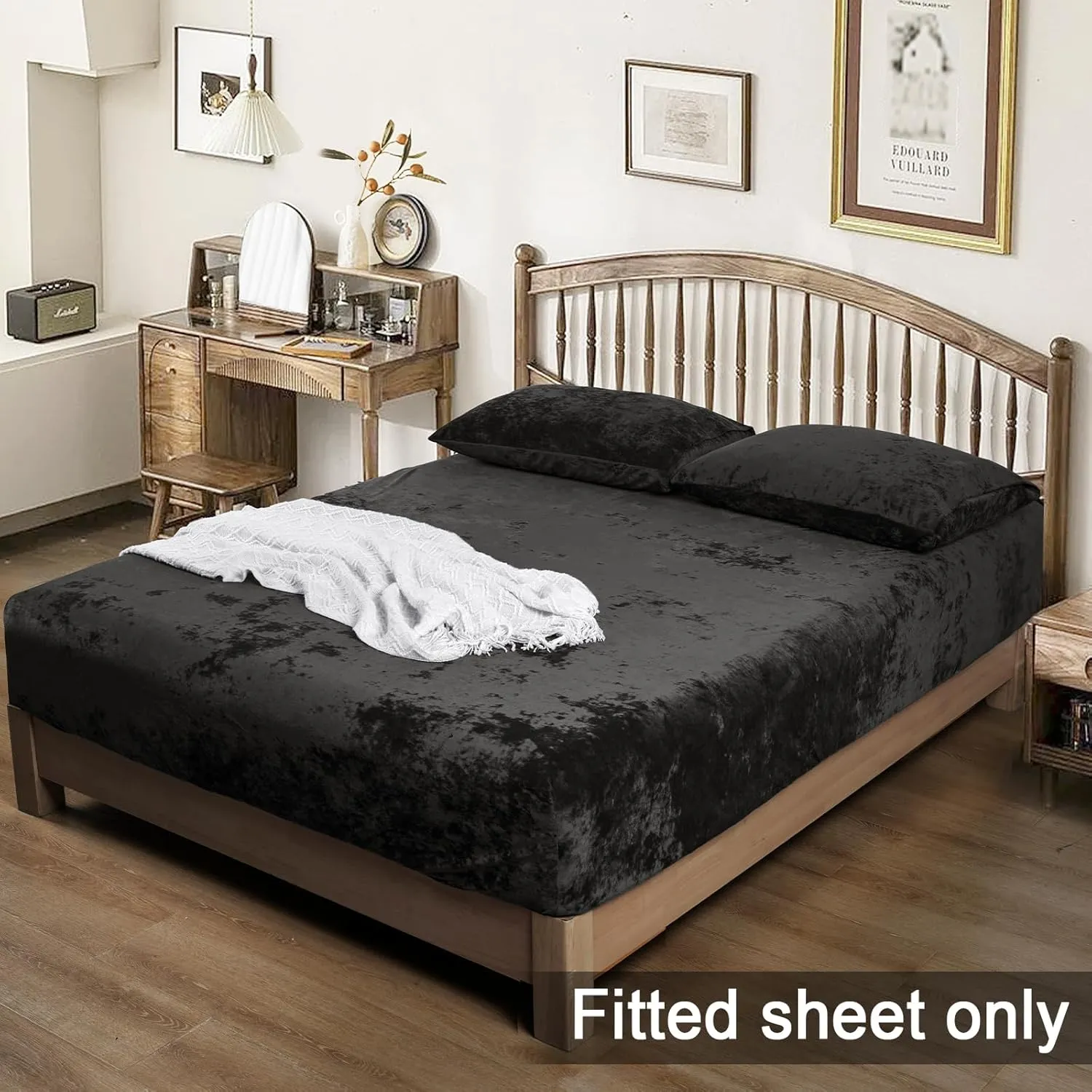 PHF Truly Velvet Fitted Sheet Only Queen Size, Luxury Super Soft Cozy Comfy Flannel Bottom Sheet with 15" Deep Pocket,Suitable for Fall Winter and Spring, No Pillowcases, Black