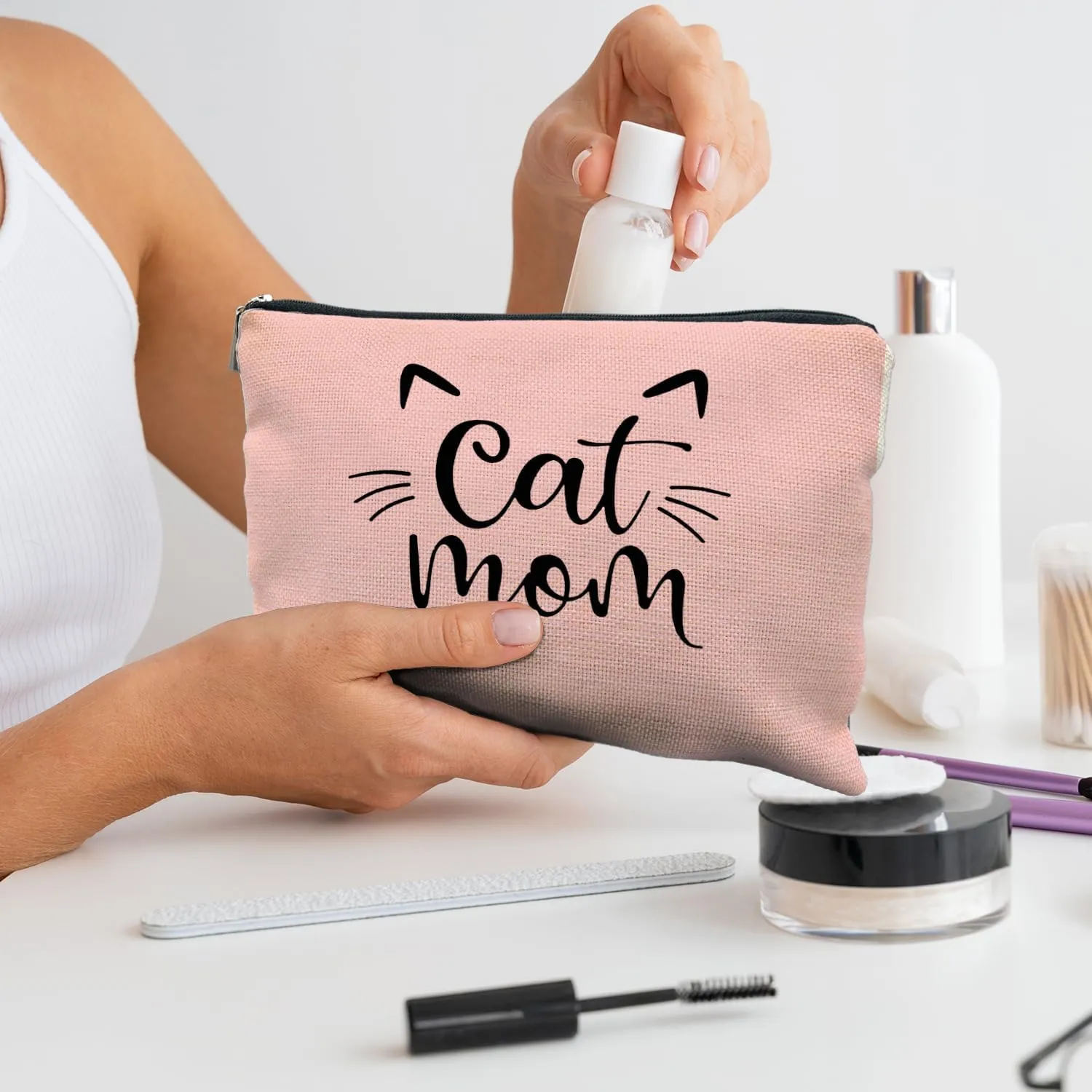 Pink Makeup Bag - Cat Mom Gifts for Women, Cat Lovers