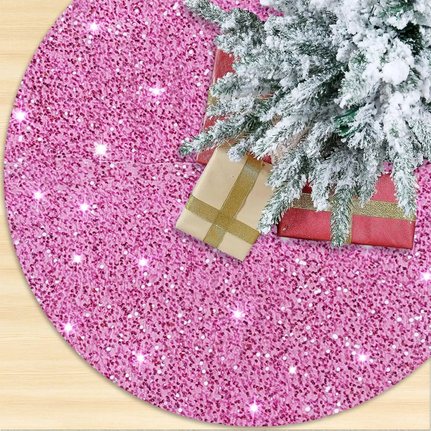 Pink Velvet Tree Collar with Glitter - 36 Inch Blush Pink Sequin Christmas Tree Skirt for 6FT Trees