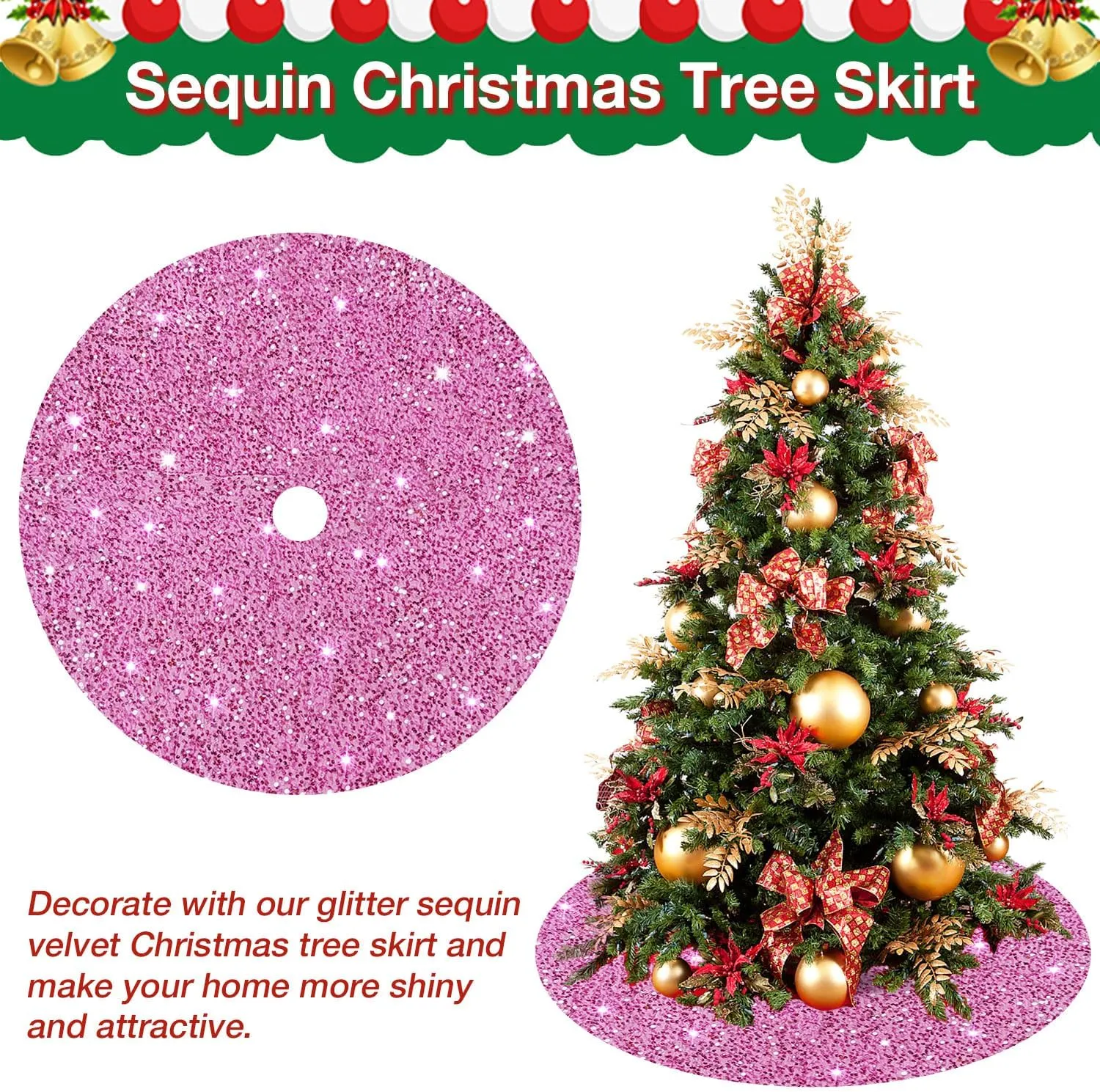 Pink Velvet Tree Collar with Glitter - 36 Inch Blush Pink Sequin Christmas Tree Skirt for 6FT Trees