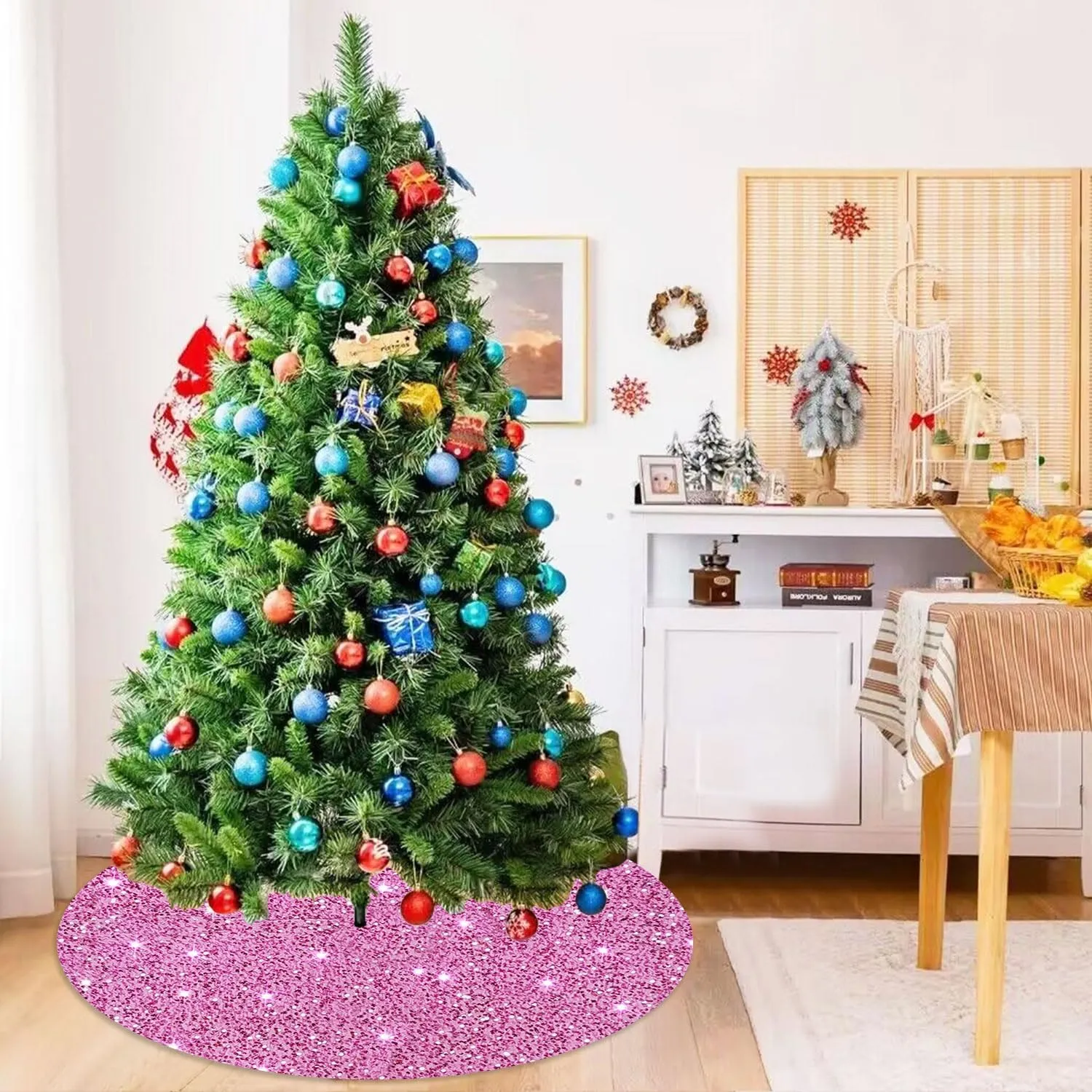 Pink Velvet Tree Collar with Glitter - 36 Inch Blush Pink Sequin Christmas Tree Skirt for 6FT Trees