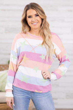 Pink Multicolor Stripe Top With Stars