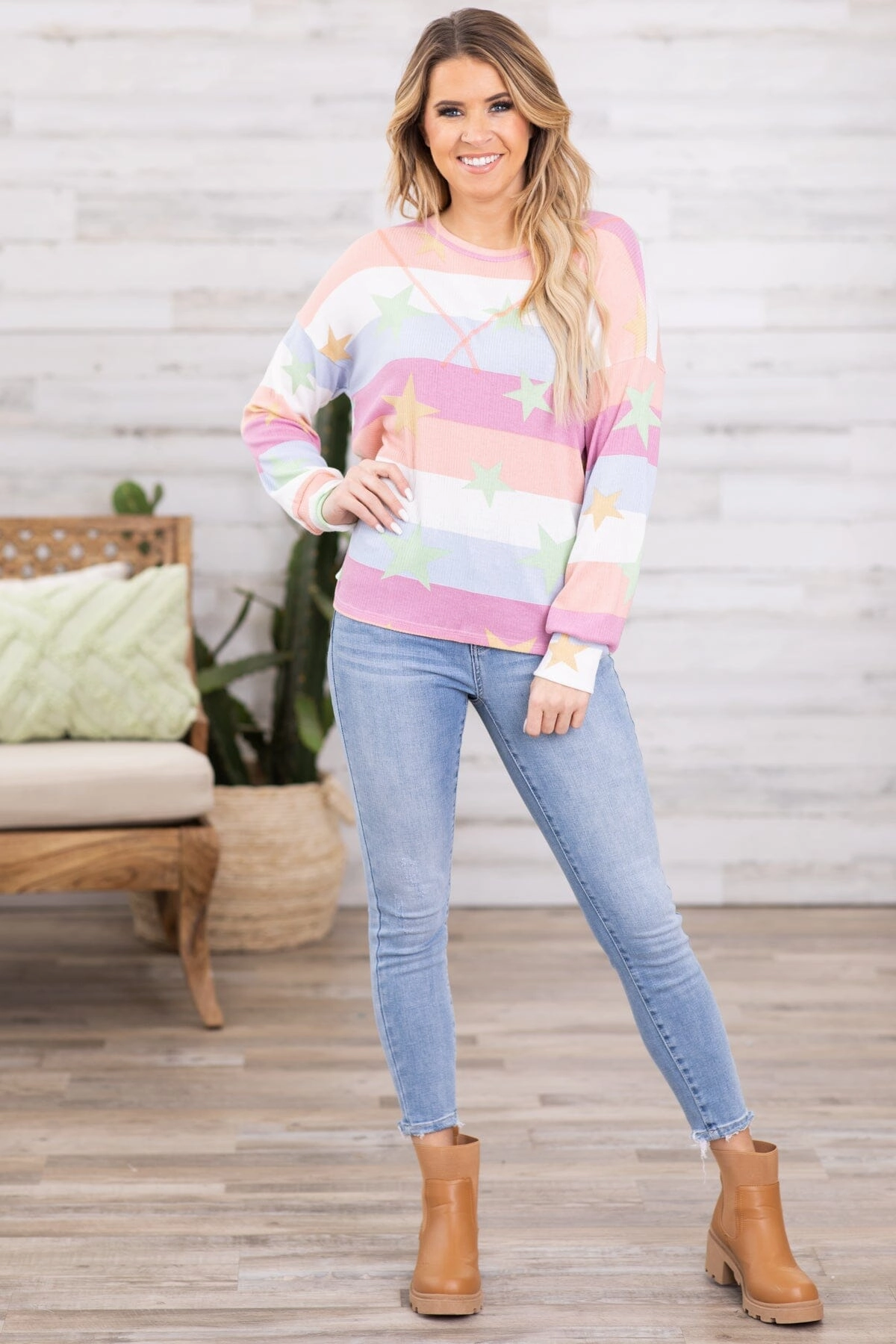 Pink Multicolor Stripe Top With Stars