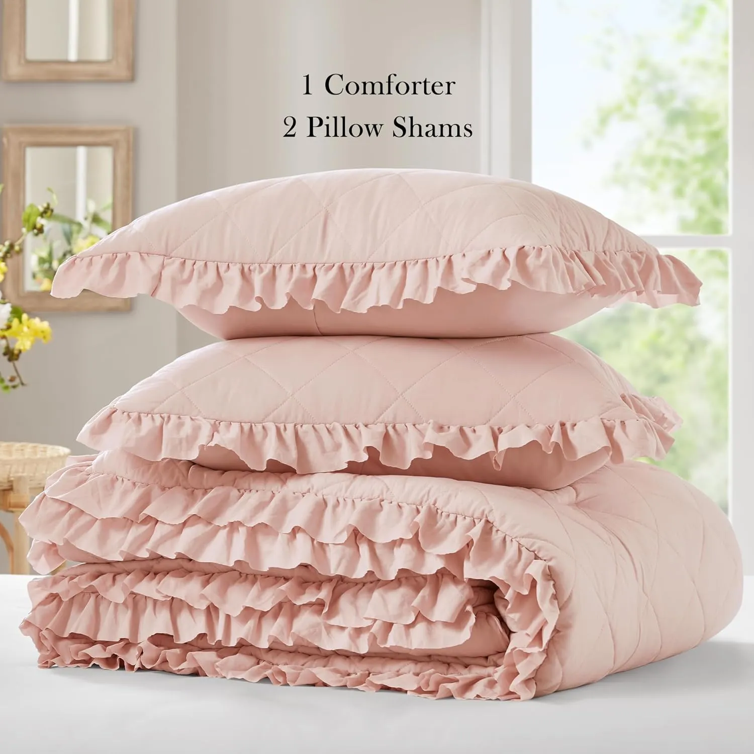 Pink/Blush Ruffle Bedding Set, Shabby Chic Farmhouse Queen Size Comforter for Women, Boho Fluffy Cozy Washed Microfiber Full Bed Sets, 3 Piece with Ruffled Pillow Shams