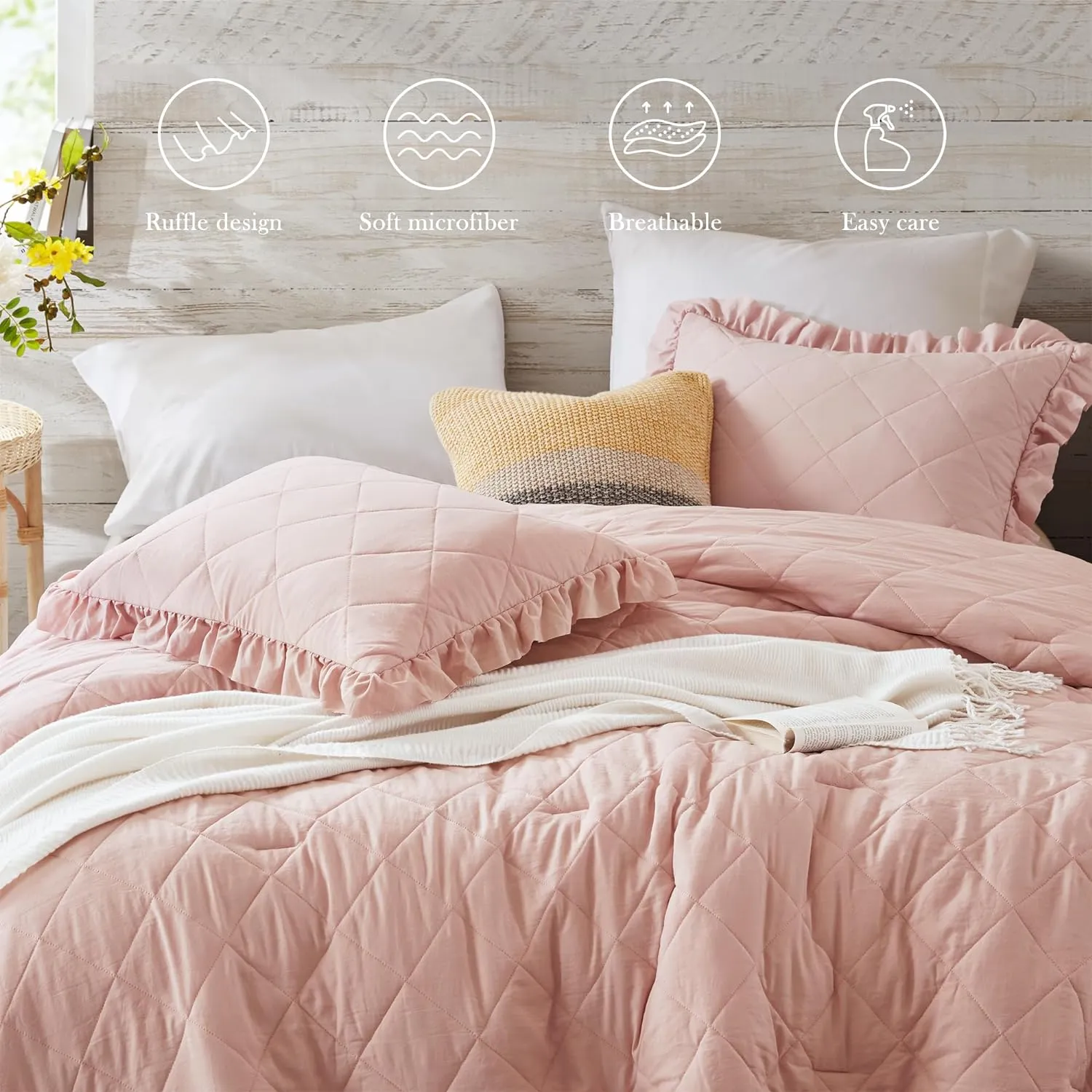Pink/Blush Ruffle Bedding Set, Shabby Chic Farmhouse Queen Size Comforter for Women, Boho Fluffy Cozy Washed Microfiber Full Bed Sets, 3 Piece with Ruffled Pillow Shams