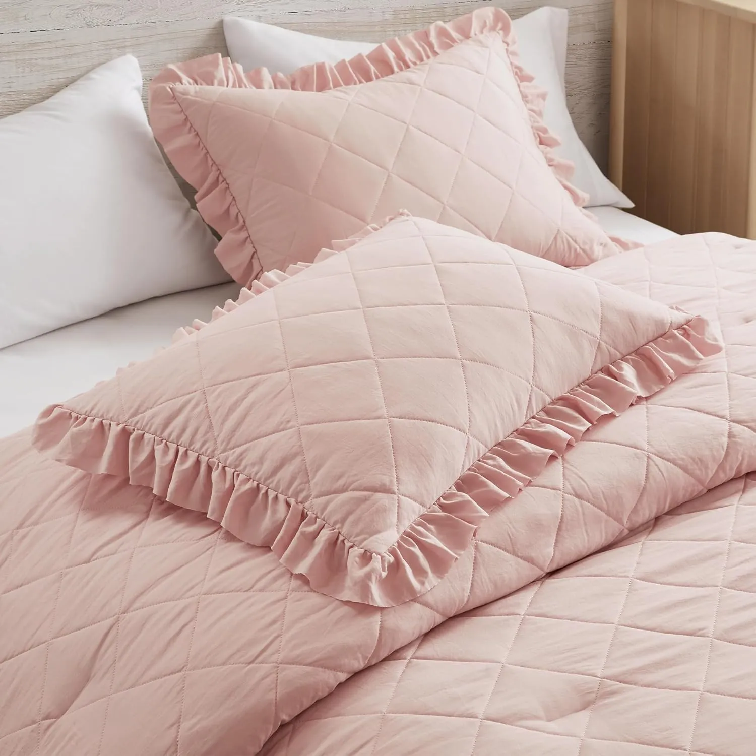 Pink/Blush Ruffle Bedding Set, Shabby Chic Farmhouse Queen Size Comforter for Women, Boho Fluffy Cozy Washed Microfiber Full Bed Sets, 3 Piece with Ruffled Pillow Shams