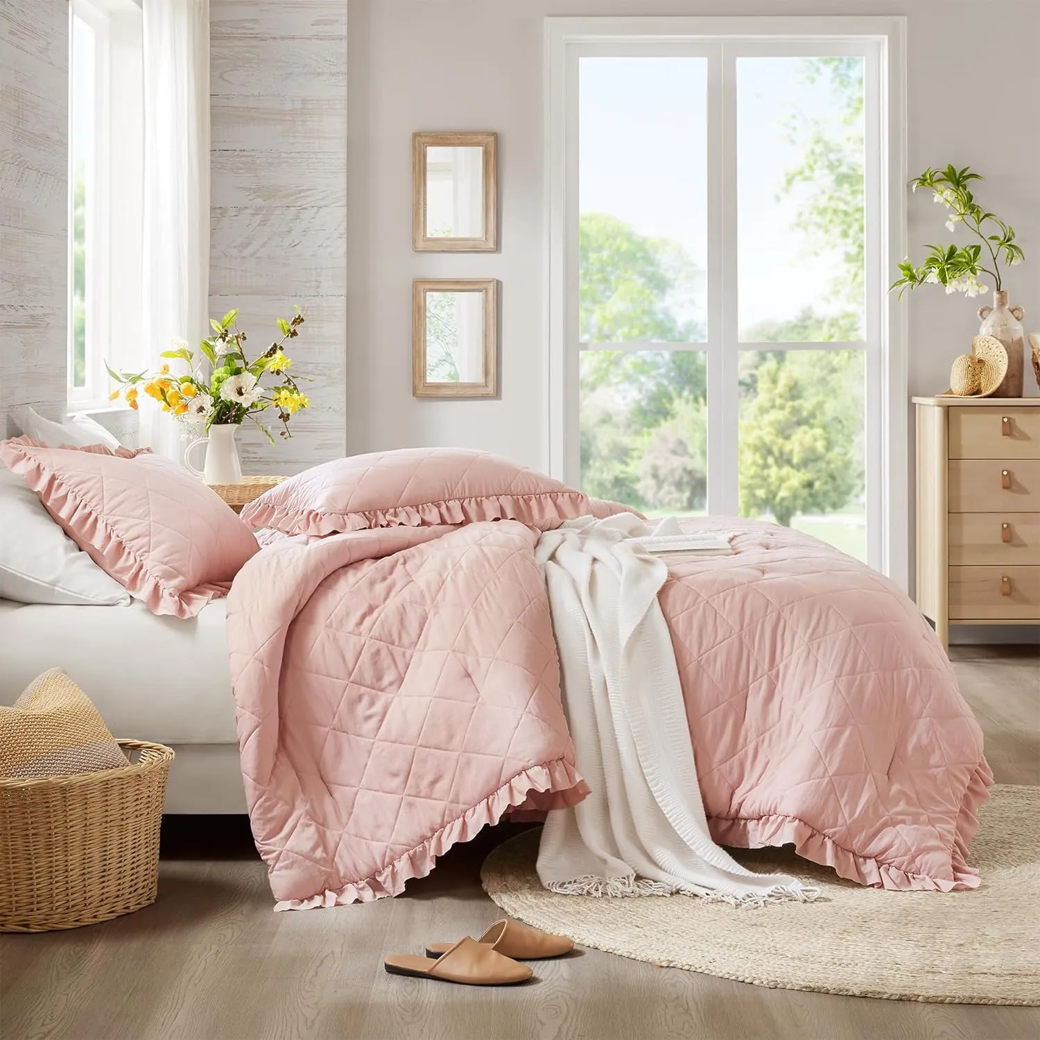 Pink/Blush Ruffle Bedding Set, Shabby Chic Farmhouse Queen Size Comforter for Women, Boho Fluffy Cozy Washed Microfiber Full Bed Sets, 3 Piece with Ruffled Pillow Shams