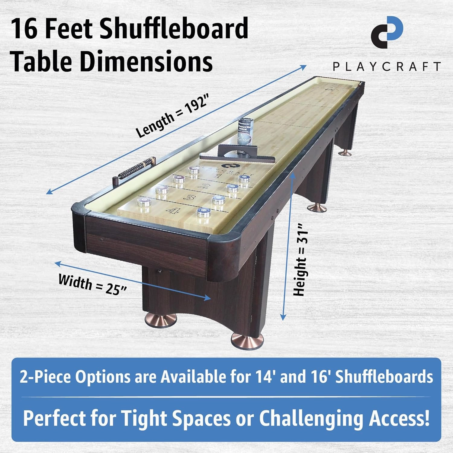 Playcraft Woodbridge Shuffleboard Table with Storage Cabinet - Shuffle Board Game Table Set with Matching Abacus, 8 Pucks, Brush & Wax (Made in USA) - Pro Style Climate Adjusters