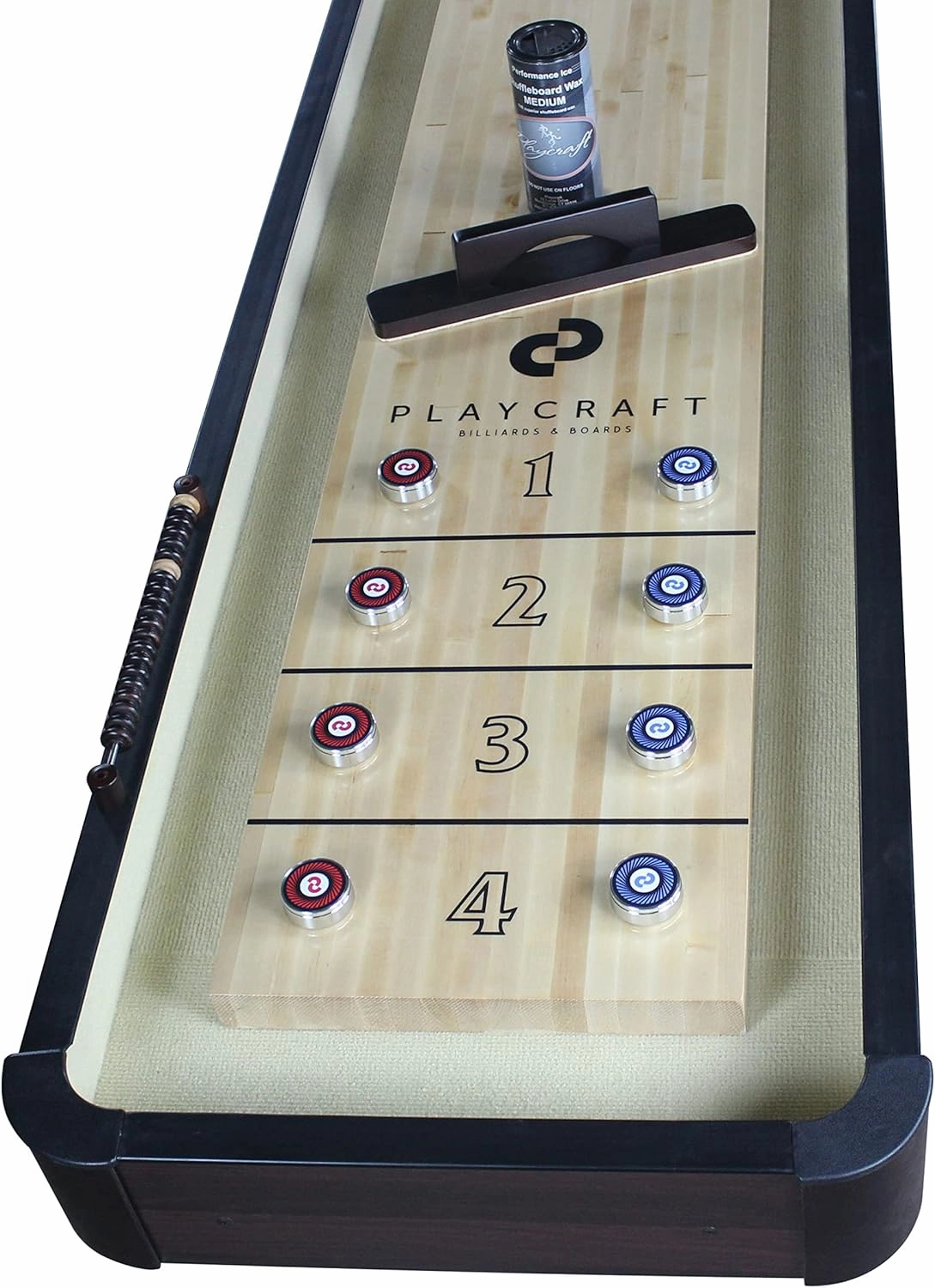 Playcraft Woodbridge Shuffleboard Table with Storage Cabinet - Shuffle Board Game Table Set with Matching Abacus, 8 Pucks, Brush & Wax (Made in USA) - Pro Style Climate Adjusters