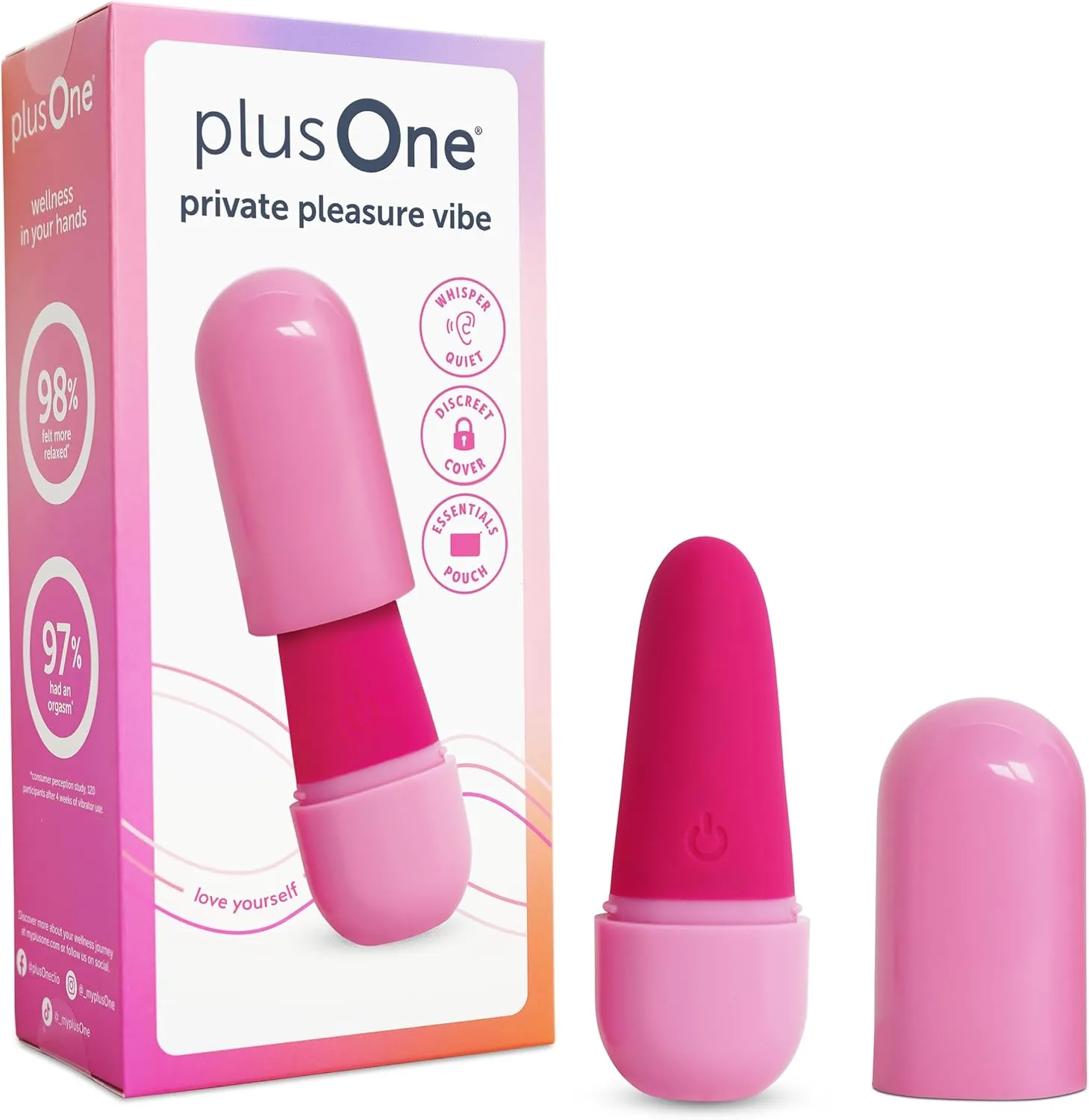 plusOne Private Pleasure Bullet Vibrator, Made of Body-Safe Silicone, Quiet Mode, 10 Settings, Rechargeable & Waterproof, Hygiene & Privacy Cover, Pink