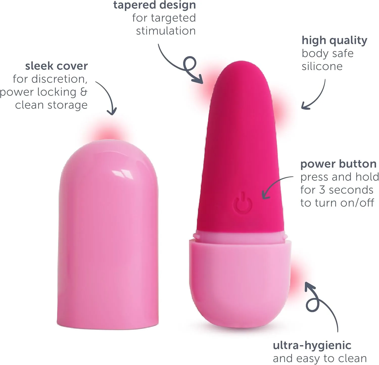 plusOne Private Pleasure Bullet Vibrator, Made of Body-Safe Silicone, Quiet Mode, 10 Settings, Rechargeable & Waterproof, Hygiene & Privacy Cover, Pink