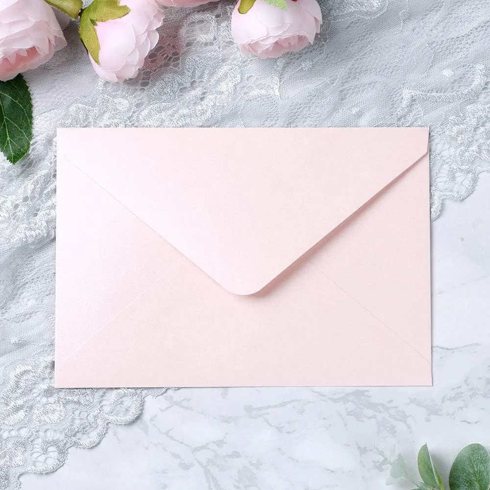 PONATIA 50 PCS/Pack A7 Envelopes, 5.25 x 7.5'' Shiny Blush Pink Envelopes, Perfect For 5 x 7'' Wedding Invitation Cards, Graduation Invite, Acrylic Invitations, Photos