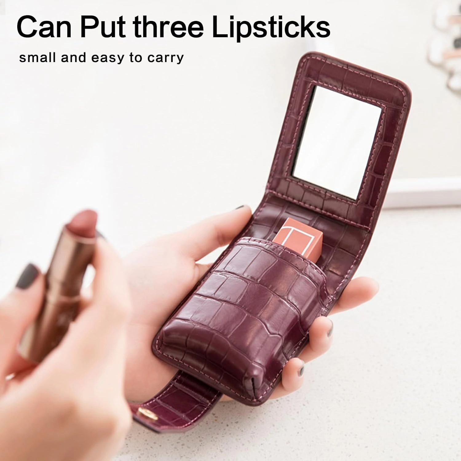 PORRASSO Lipstick Case Portable Mini Cosmetic Bag Women Lipstick Lip Gloss Bag with Mirror Travel Lipstick Holder for Storeing Lipstick Lip Glaze Powder Wine Red