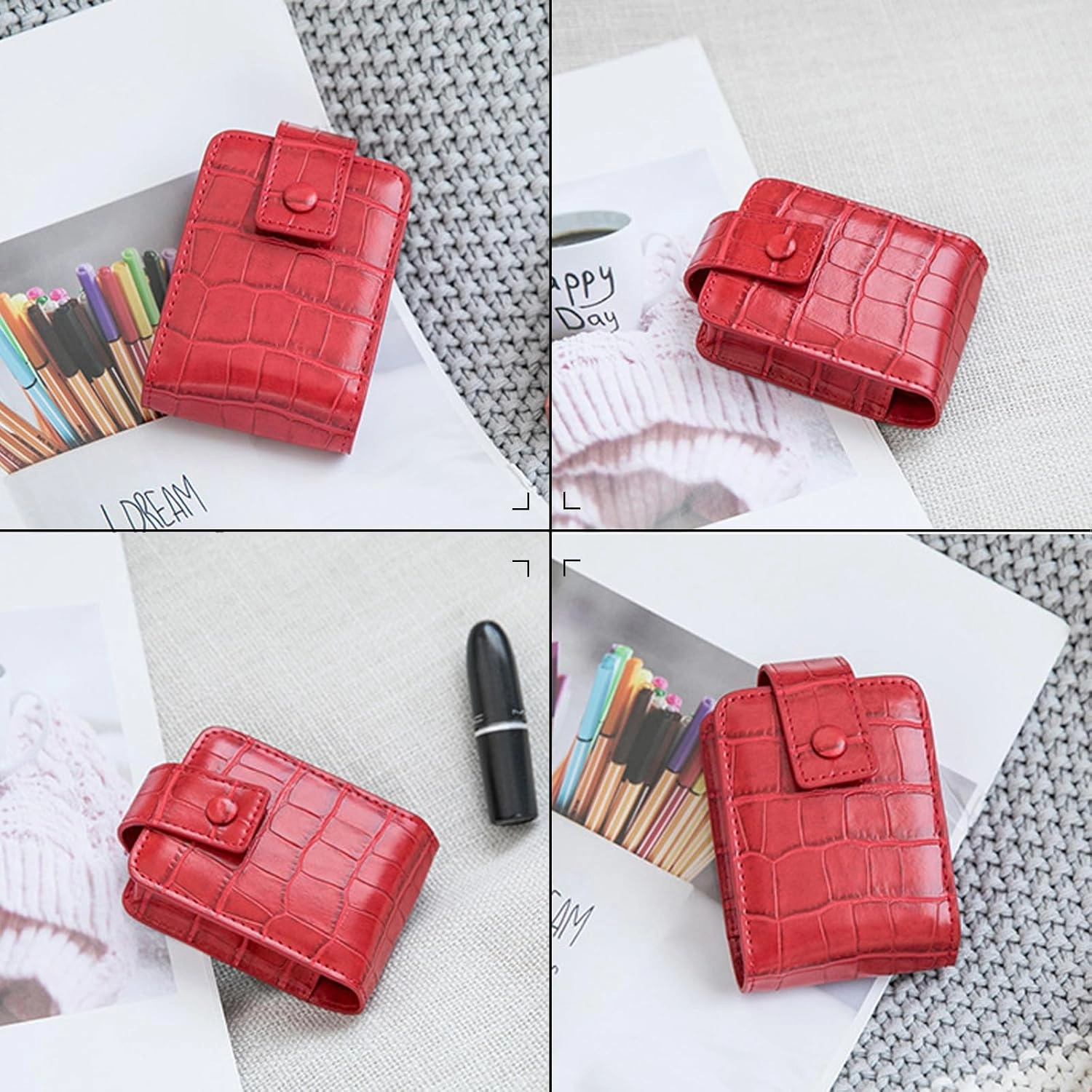 PORRASSO Lipstick Case Portable Mini Cosmetic Bag Women Lipstick Lip Gloss Bag with Mirror Travel Lipstick Holder for Storeing Lipstick Lip Glaze Powder Wine Red