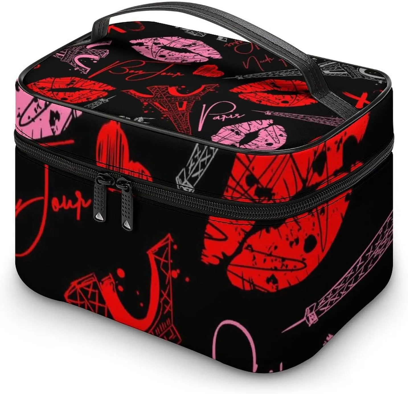 Portable Travel Makeup Bag for Women, Waterproof Toiletry Pouch Paris Red Pink Kiss Print Eiffel Tower Cosmetic Organizer Storage Case with Handle