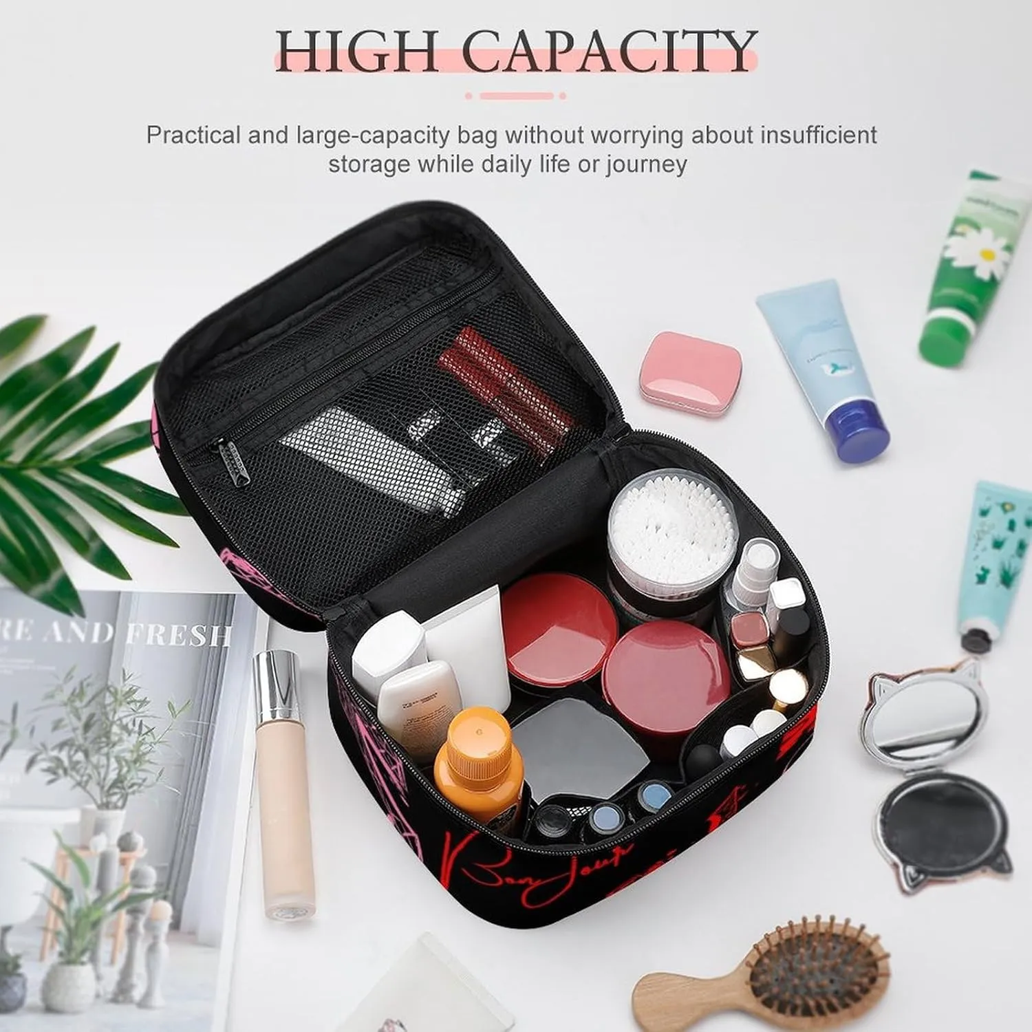 Portable Travel Makeup Bag for Women, Waterproof Toiletry Pouch Paris Red Pink Kiss Print Eiffel Tower Cosmetic Organizer Storage Case with Handle