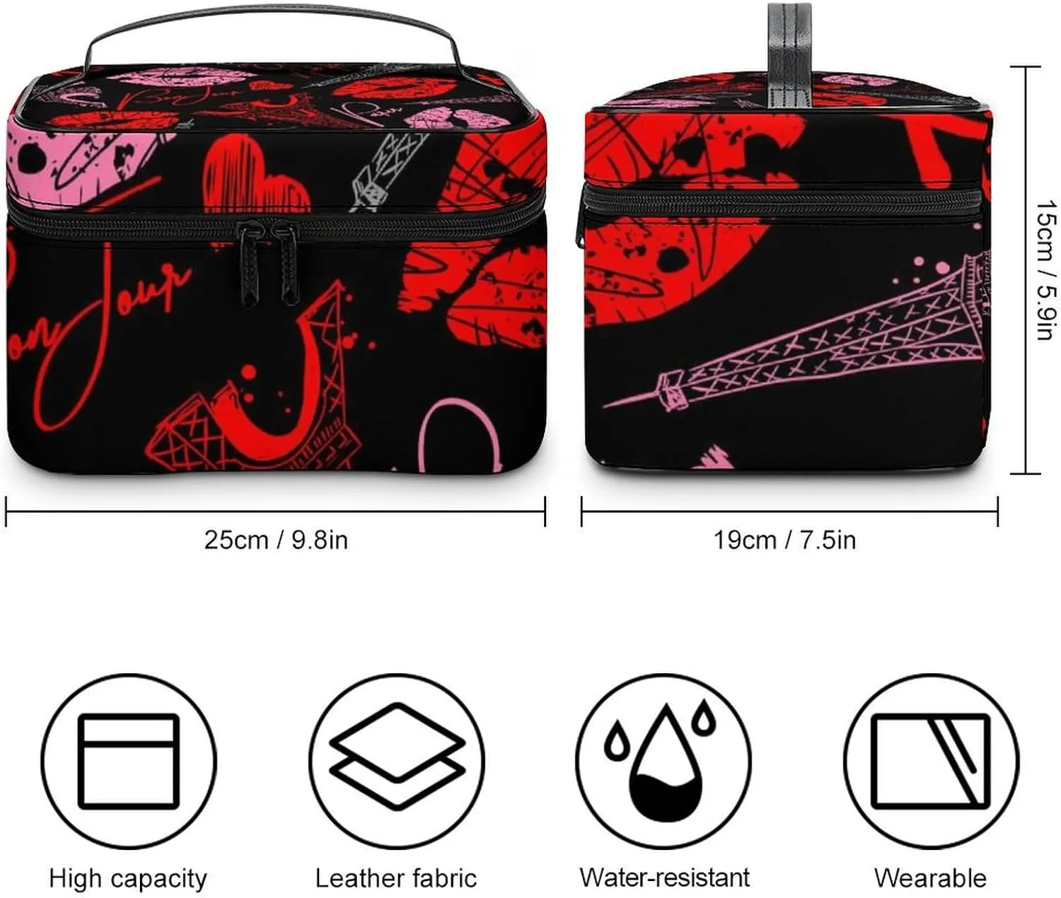 Portable Travel Makeup Bag for Women, Waterproof Toiletry Pouch Paris Red Pink Kiss Print Eiffel Tower Cosmetic Organizer Storage Case with Handle
