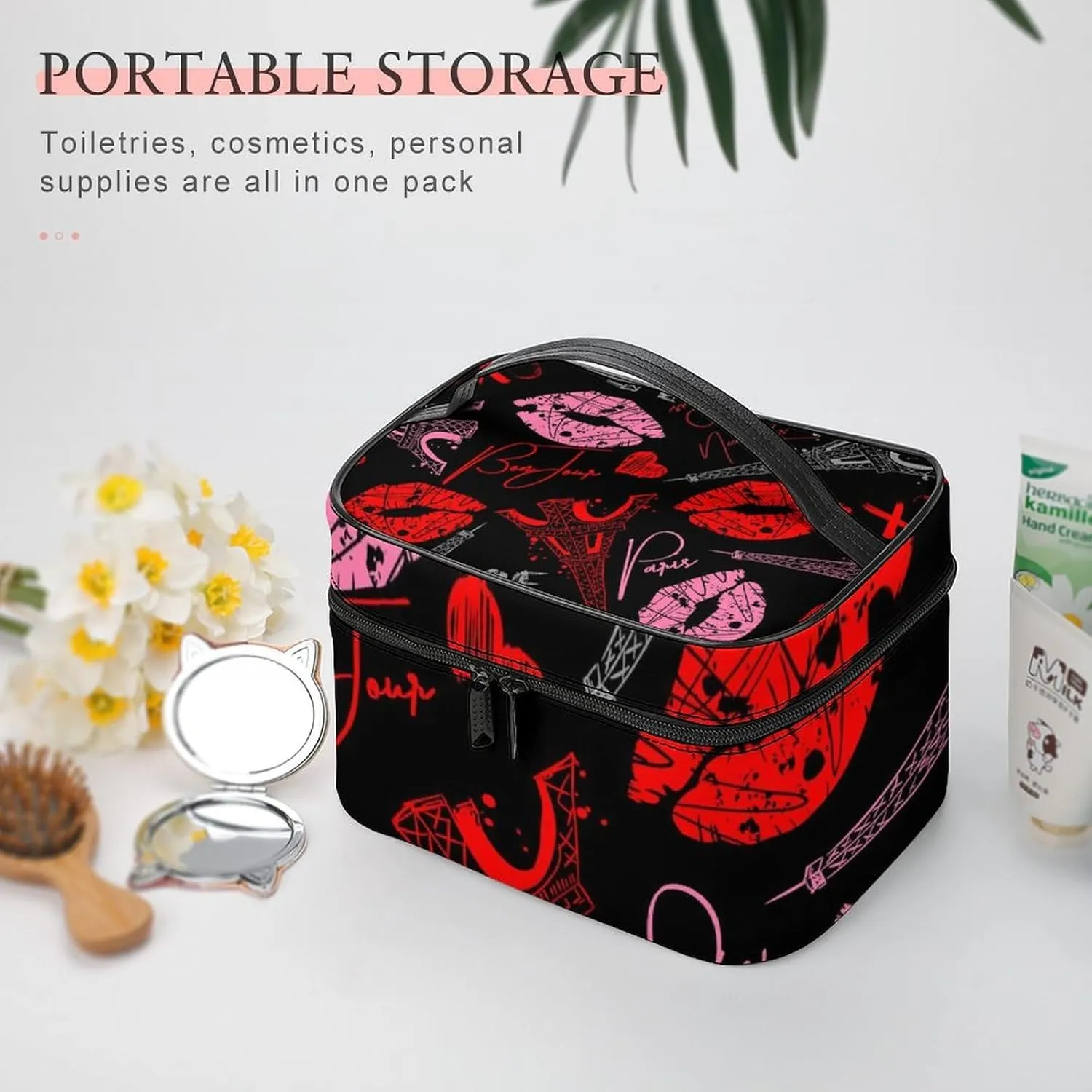 Portable Travel Makeup Bag for Women, Waterproof Toiletry Pouch Paris Red Pink Kiss Print Eiffel Tower Cosmetic Organizer Storage Case with Handle