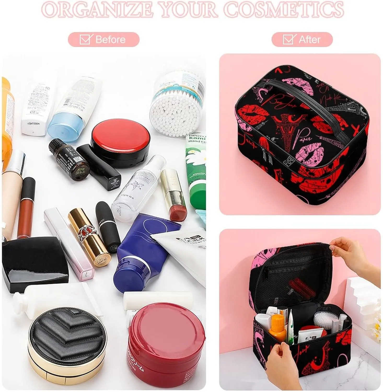 Portable Travel Makeup Bag for Women, Waterproof Toiletry Pouch Paris Red Pink Kiss Print Eiffel Tower Cosmetic Organizer Storage Case with Handle