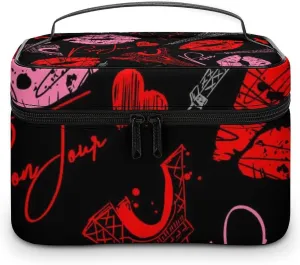 Portable Travel Makeup Bag for Women, Waterproof Toiletry Pouch Paris Red Pink Kiss Print Eiffel Tower Cosmetic Organizer Storage Case with Handle