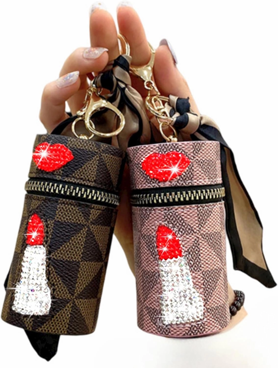 Portable Lipstick Case, 2Pcs Luxury Leather Lipstick Organizer, Mini Travel Zipper Keychain Lipstick Storage Pouche for Purse Bag, Lip Gloss Organizer for Lip Balm (Classic, Pink)