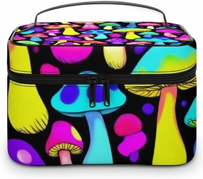 Portable Makeup Bag for Women, Travel Large Cosmetics Toiletry Storage Bag Rainbow Colorful Neon Mushrooms Makeup Organizer Case with Handle