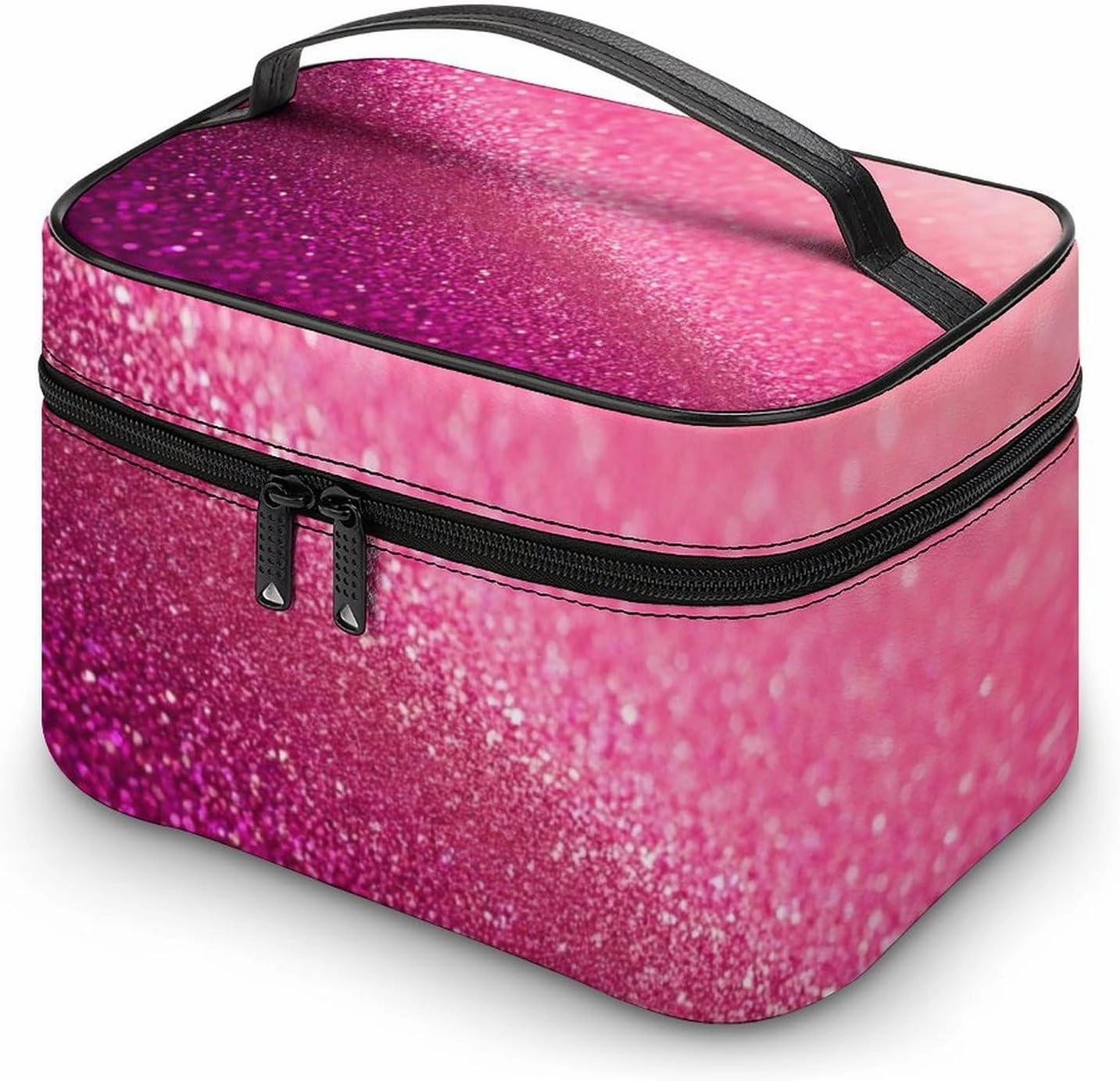 Portable Makeup Bag with Zipper Pouch, Pink Glitter Pattern Cosmetic Case Large Capacity Travel Makeup Case Organizer Toiletry Brushes Storage Bag