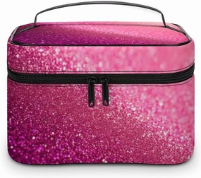 Portable Makeup Bag with Zipper Pouch, Pink Glitter Pattern Cosmetic Case Large Capacity Travel Makeup Case Organizer Toiletry Brushes Storage Bag