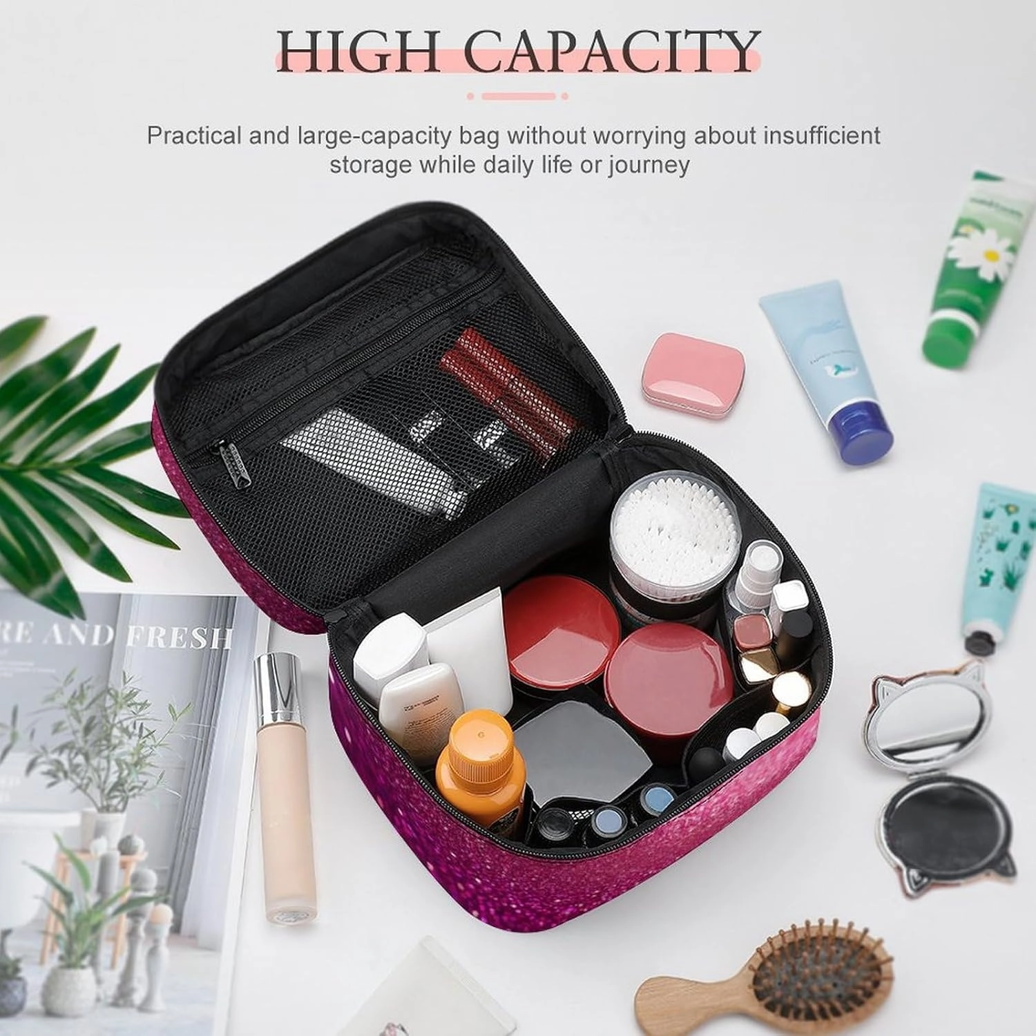 Portable Makeup Bag with Zipper Pouch, Pink Glitter Pattern Cosmetic Case Large Capacity Travel Makeup Case Organizer Toiletry Brushes Storage Bag