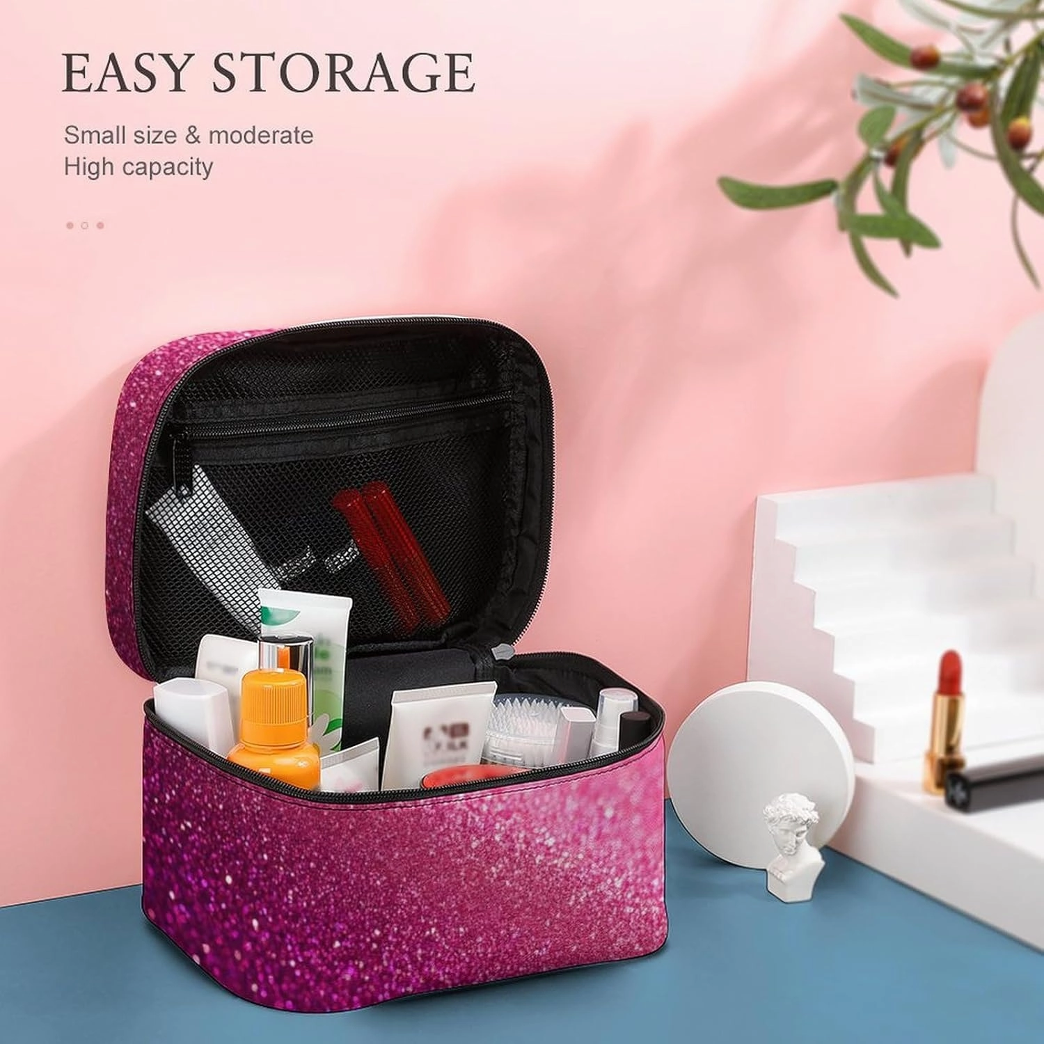 Portable Makeup Bag with Zipper Pouch, Pink Glitter Pattern Cosmetic Case Large Capacity Travel Makeup Case Organizer Toiletry Brushes Storage Bag