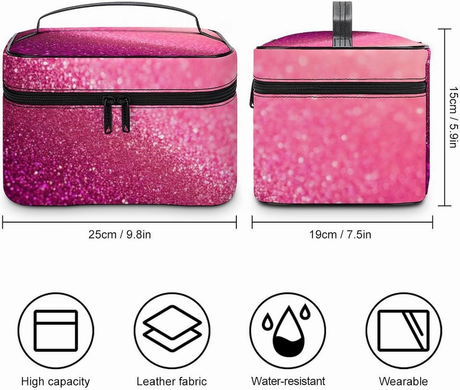 Portable Makeup Bag with Zipper Pouch, Pink Glitter Pattern Cosmetic Case Large Capacity Travel Makeup Case Organizer Toiletry Brushes Storage Bag