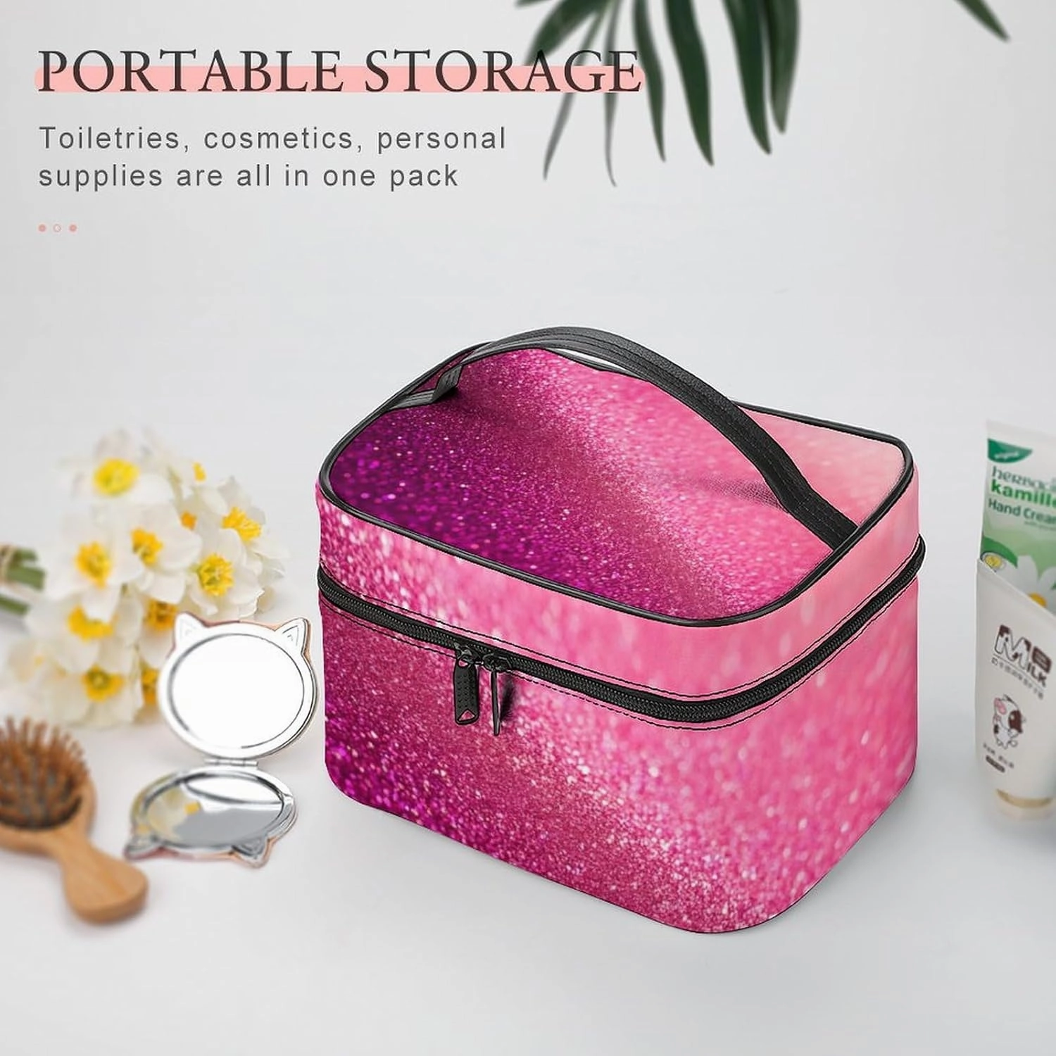 Portable Makeup Bag with Zipper Pouch, Pink Glitter Pattern Cosmetic Case Large Capacity Travel Makeup Case Organizer Toiletry Brushes Storage Bag