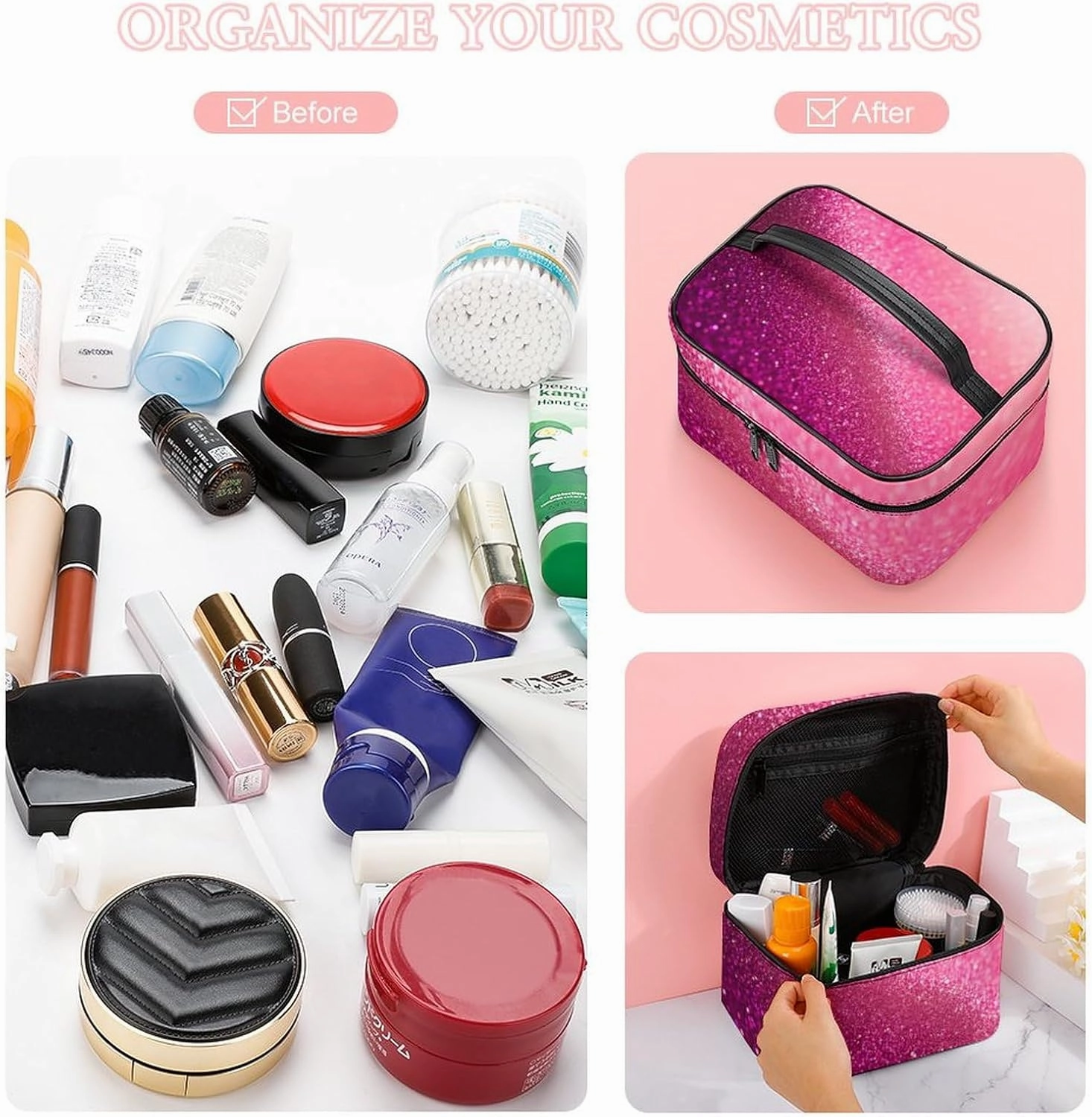 Portable Makeup Bag with Zipper Pouch, Pink Glitter Pattern Cosmetic Case Large Capacity Travel Makeup Case Organizer Toiletry Brushes Storage Bag