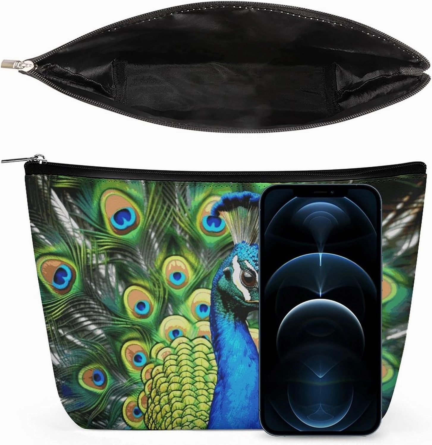 Portable Small Cosmetic Bag Cute Travel Makeup Bag Blue Peacock Waterproof Toiletry Bag for Women