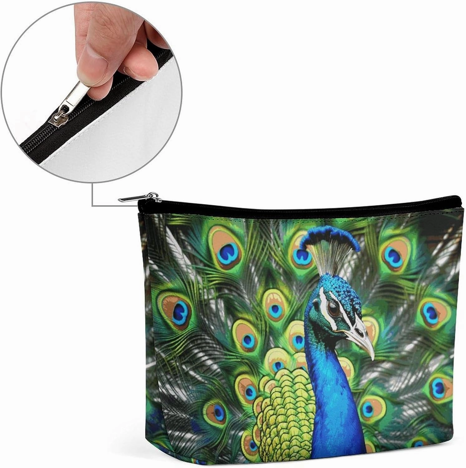 Portable Small Cosmetic Bag Cute Travel Makeup Bag Blue Peacock Waterproof Toiletry Bag for Women