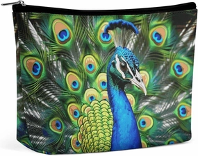Portable Small Cosmetic Bag Cute Travel Makeup Bag Blue Peacock Waterproof Toiletry Bag for Women