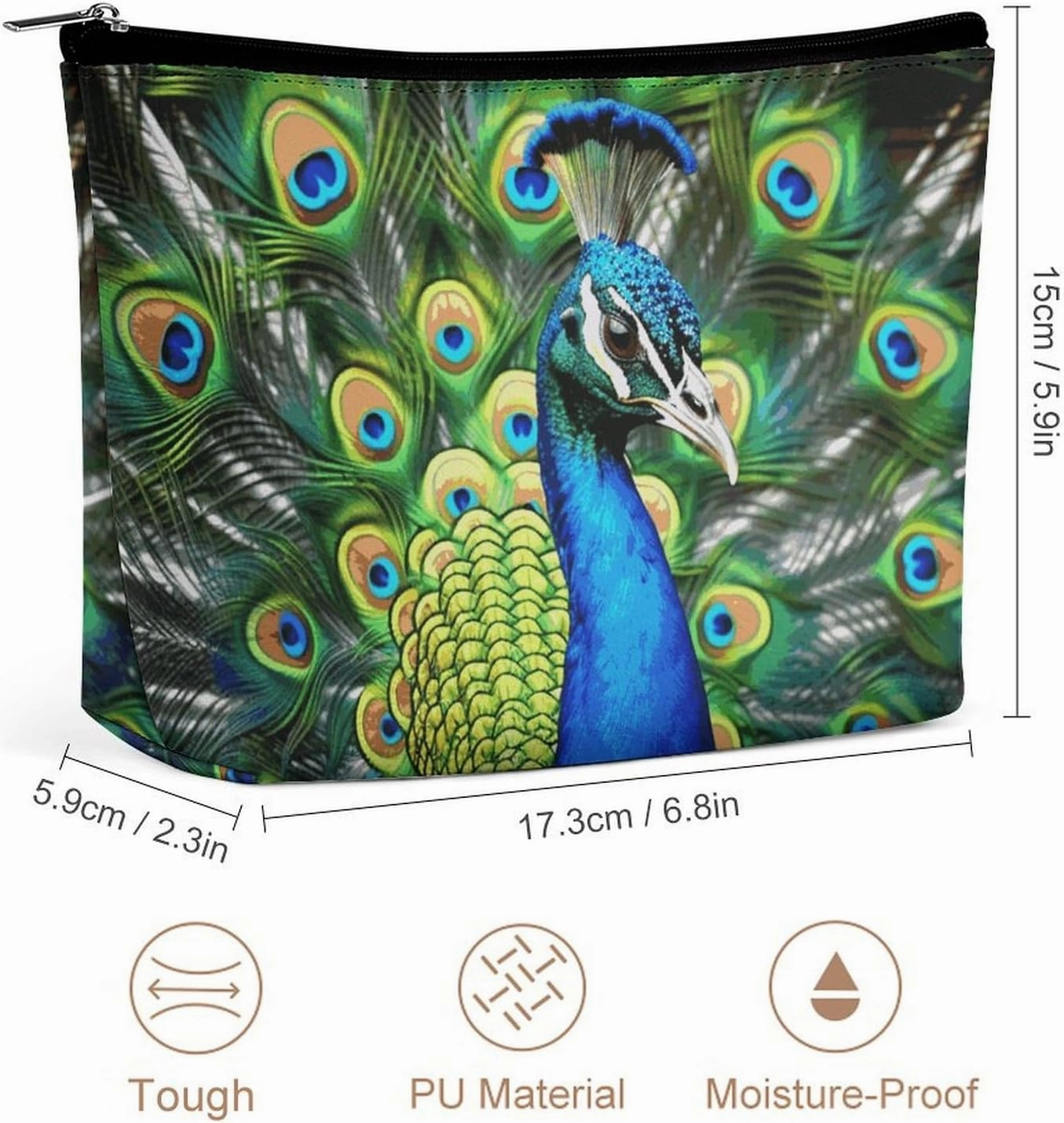 Portable Small Cosmetic Bag Cute Travel Makeup Bag Blue Peacock Waterproof Toiletry Bag for Women