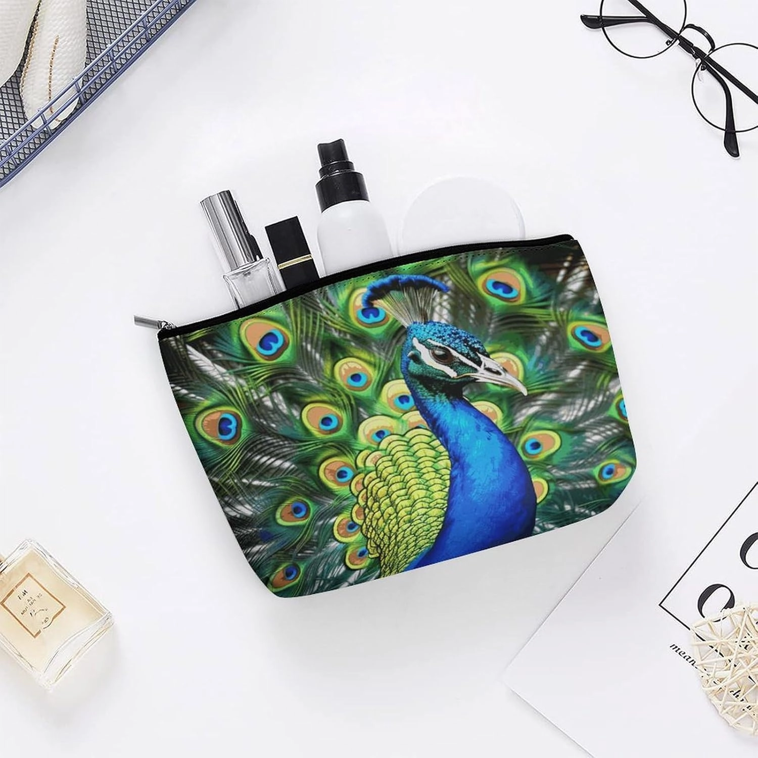 Portable Small Cosmetic Bag Cute Travel Makeup Bag Blue Peacock Waterproof Toiletry Bag for Women