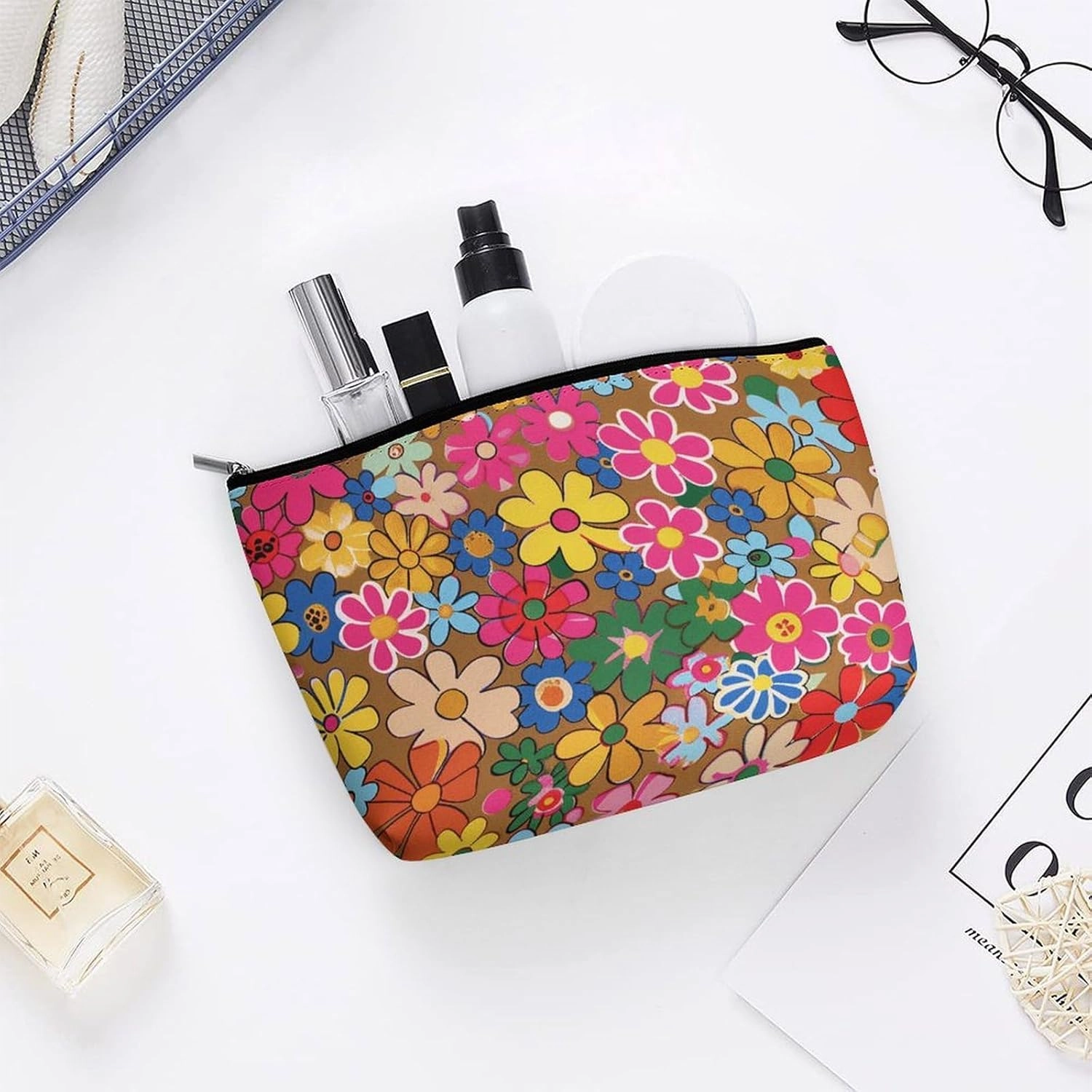 Portable Small Cosmetic Bag Cute Travel Makeup Bag Bright Flower Style Waterproof Toiletry Bag for Women