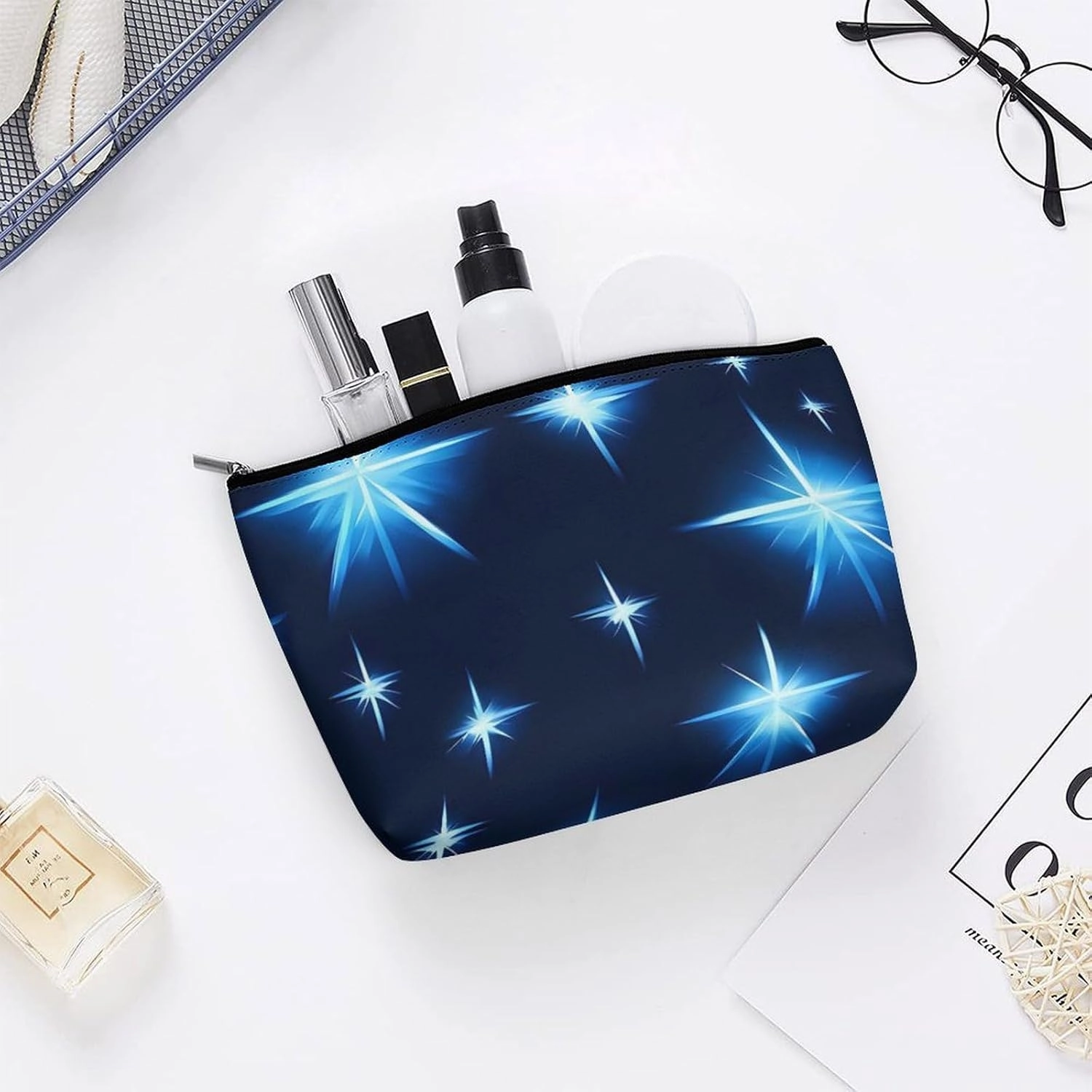 Portable Small Cosmetic Bag Cute Travel Makeup Bag Cartoon Blue Star Waterproof Toiletry Bag for Women