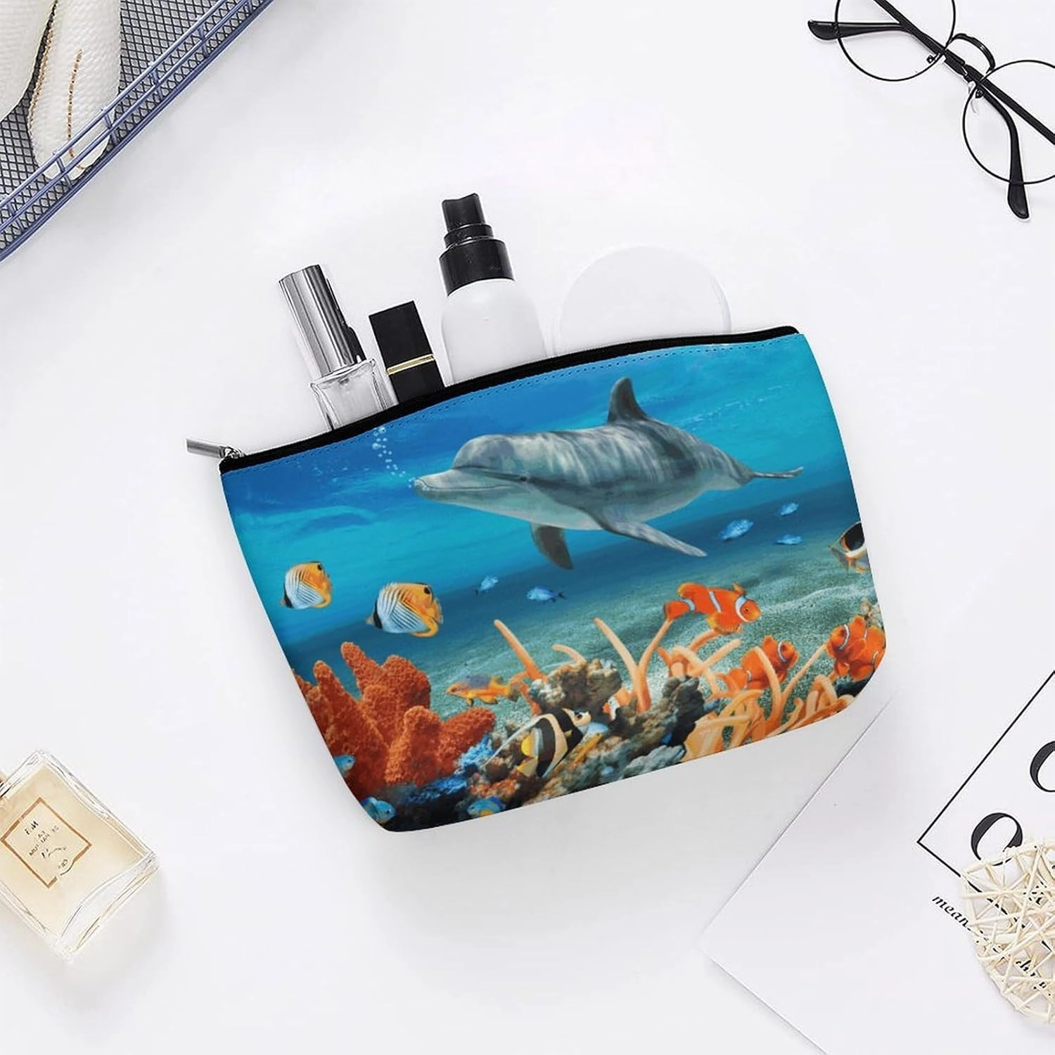 Portable Small Cosmetic Bag Cute Travel Makeup Bag Dolphins Blue Waterproof Toiletry Bag for Women