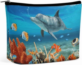 Portable Small Cosmetic Bag Cute Travel Makeup Bag Dolphins Blue Waterproof Toiletry Bag for Women