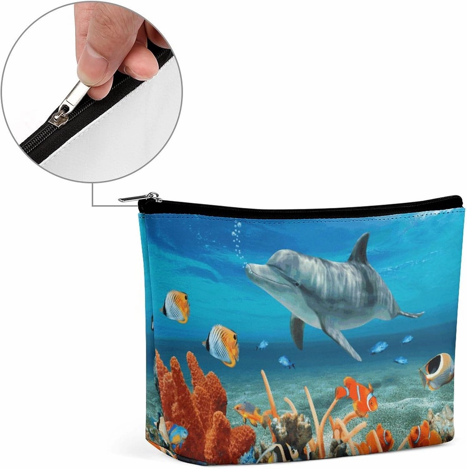 Portable Small Cosmetic Bag Cute Travel Makeup Bag Dolphins Blue Waterproof Toiletry Bag for Women