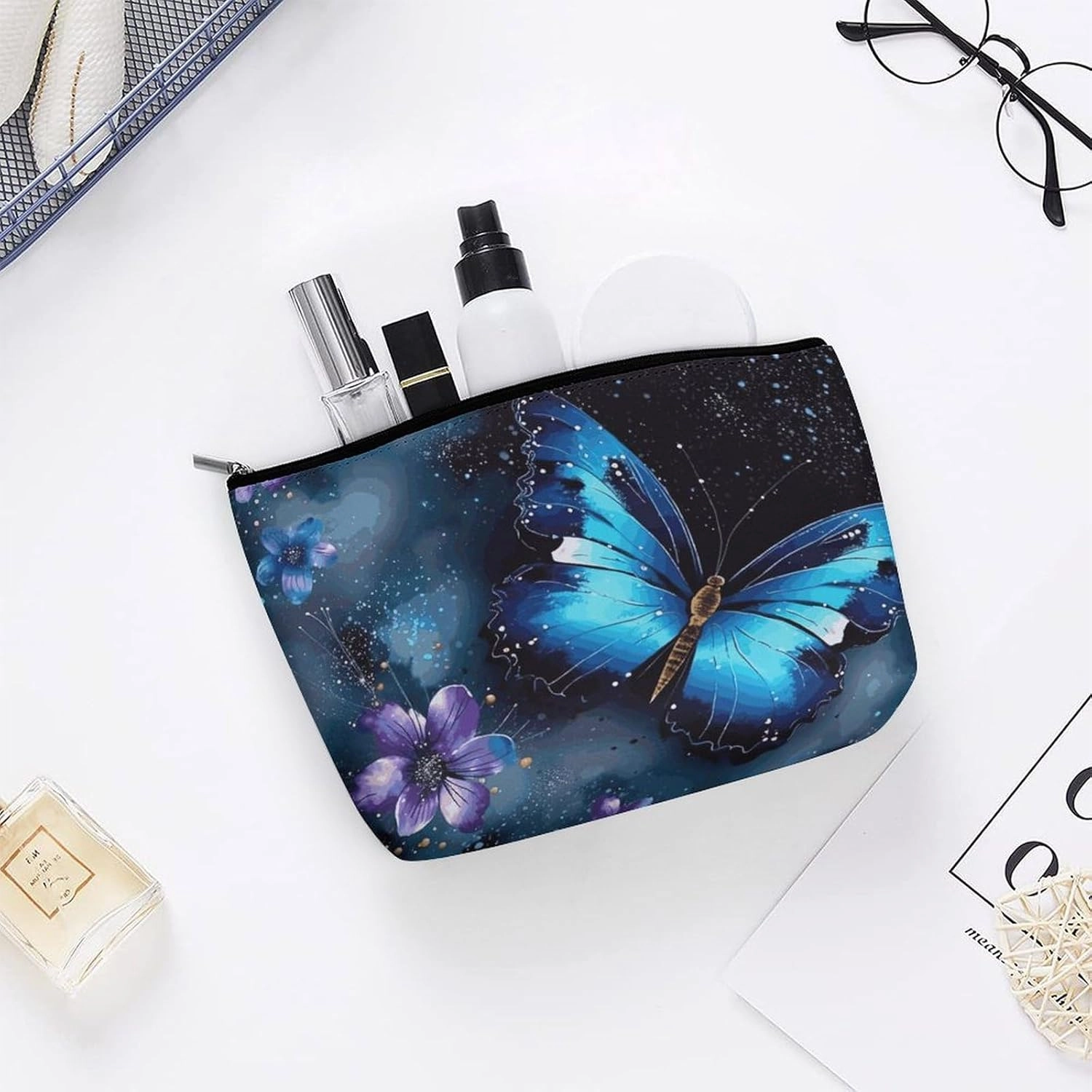 Portable Small Cosmetic Bag Cute Travel Makeup Bag Galaxy Blue Butterfly Waterproof Toiletry Bag for Women