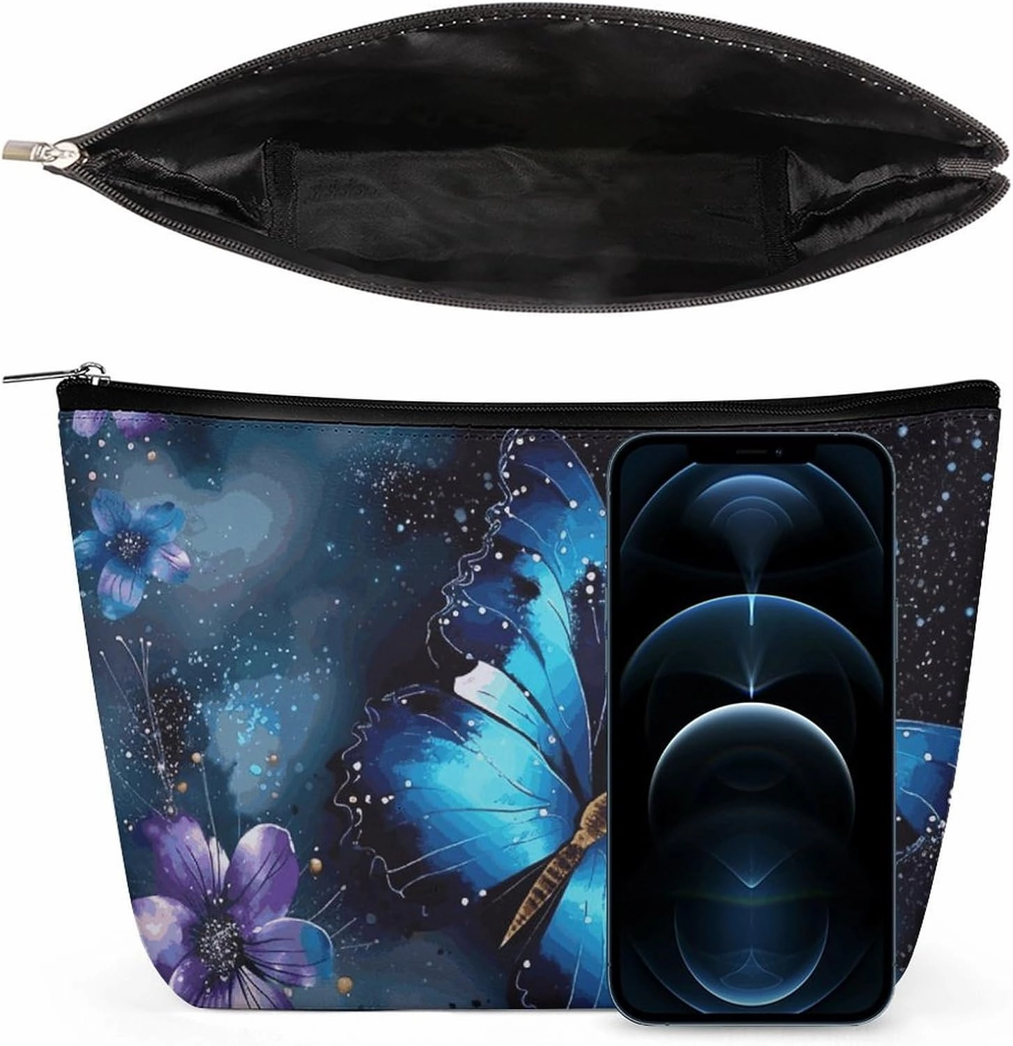 Portable Small Cosmetic Bag Cute Travel Makeup Bag Galaxy Blue Butterfly Waterproof Toiletry Bag for Women